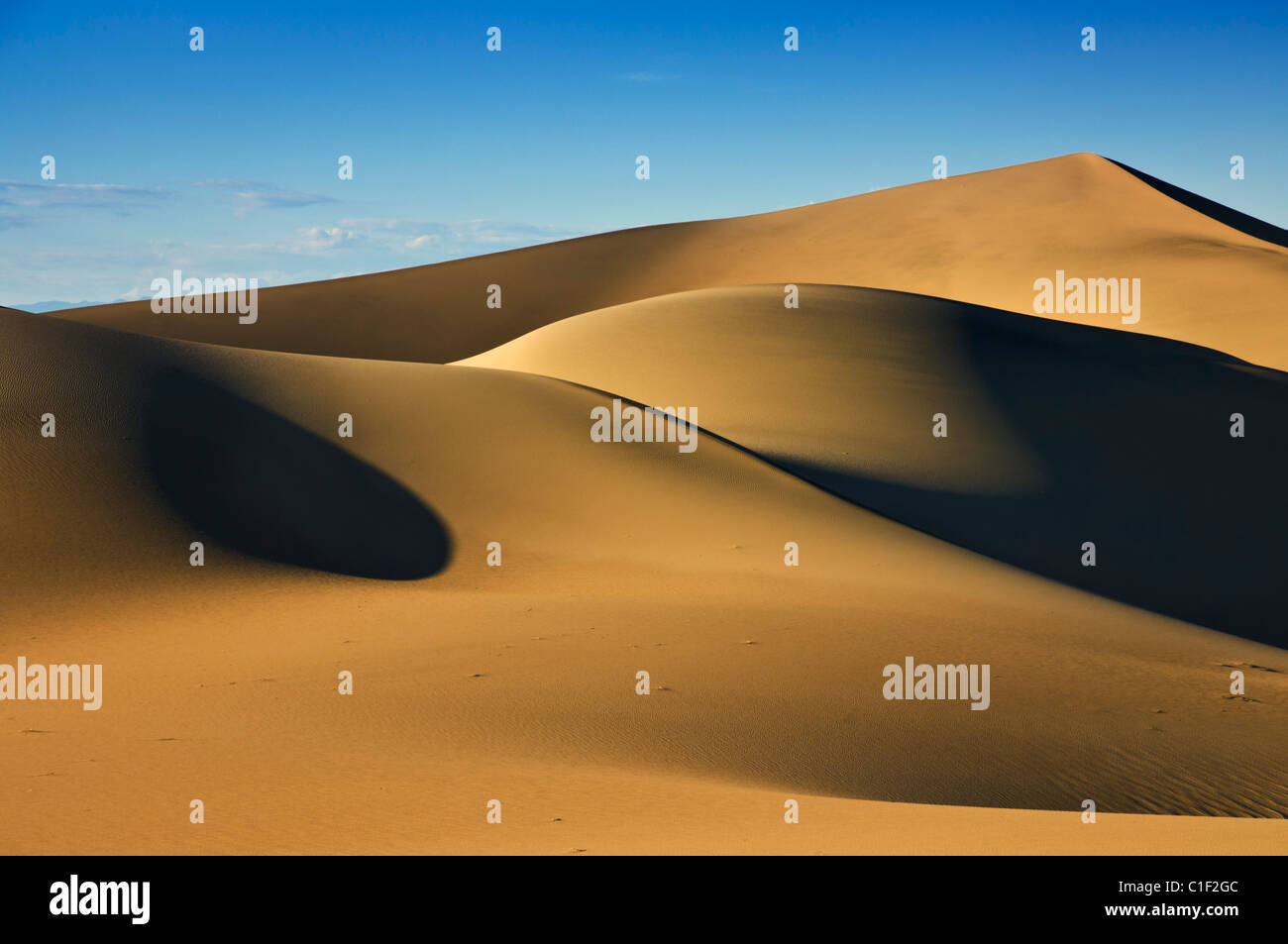 Sandwellen und Schatten in den Dünen der Sanddünen Mesquite Flats, Stovepipe Wells, Tod Valley National Park, Kalifornien, USA Stockfoto