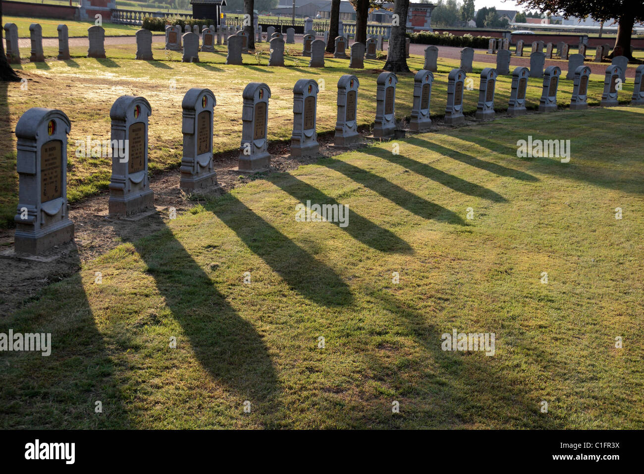 Eine Reihe von sonnenbeschienenen belgischen Grabsteine auf dem belgischen Militär Friedhof in Houltholst, Belgien. Stockfoto