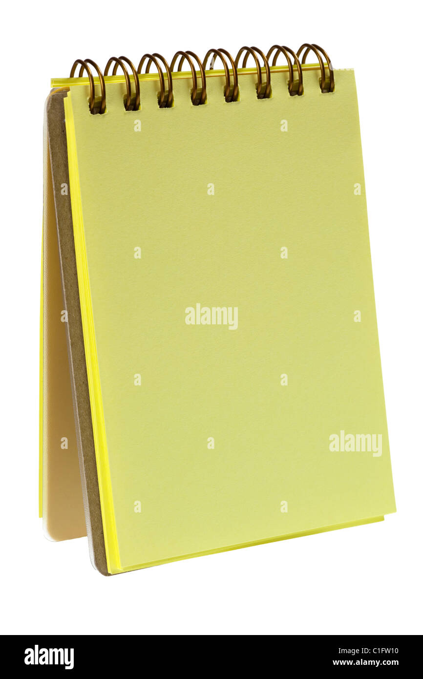 Gelbe farbige Notizblock isoliert auf weißem Hintergrund Stockfoto
