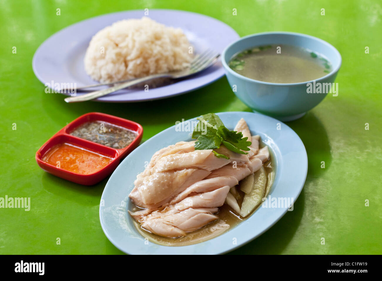 Hainan-Huhn mit Reis - eine regionale Spezialität, Singapur Stockfoto