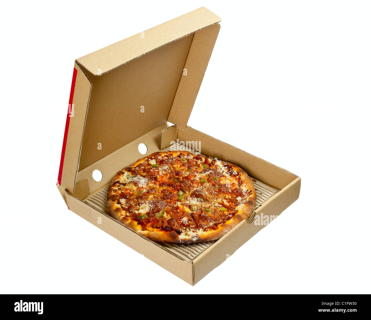 Pizza in einer Take-away Box isoliert auf weißem Hintergrund Stockfoto