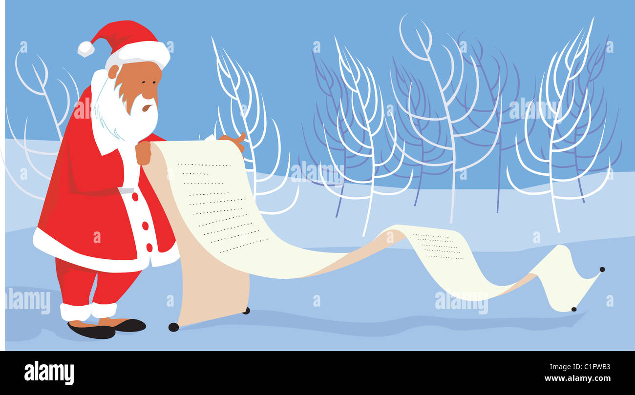 Santa Klausel Lesen einer Papierrolle Stockfoto