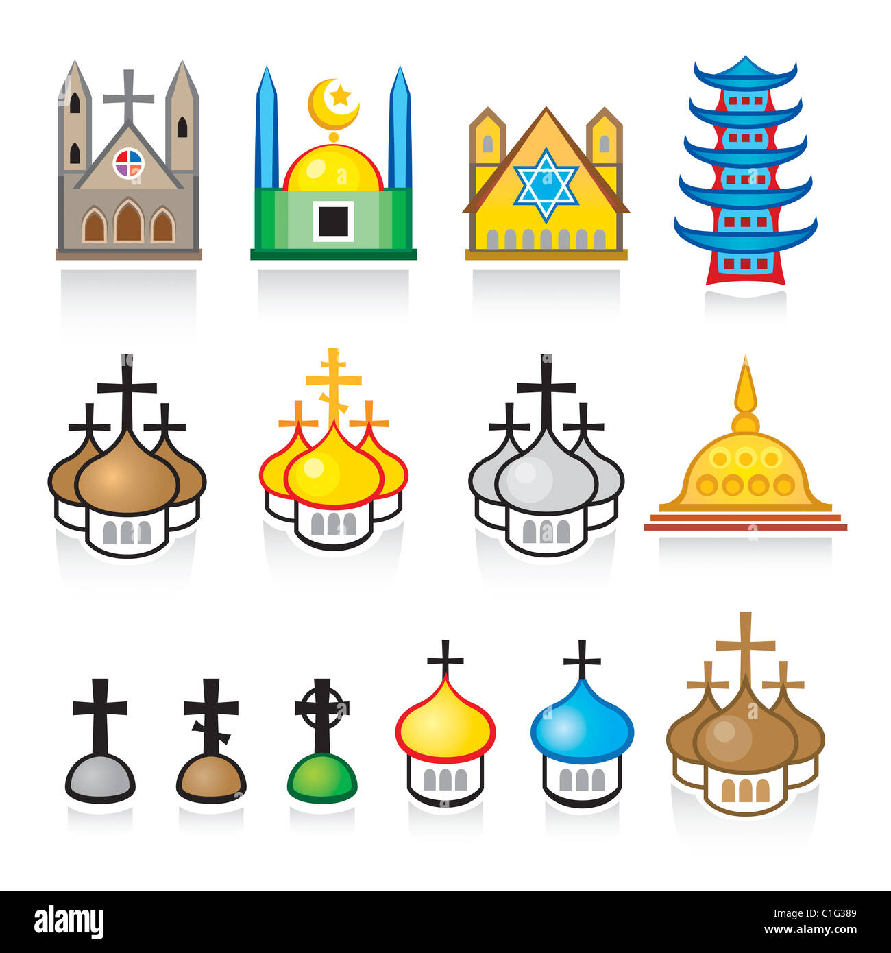 Religiöse Tempel und Orte der Anbetung (Web-Icon-Set) Stockfoto