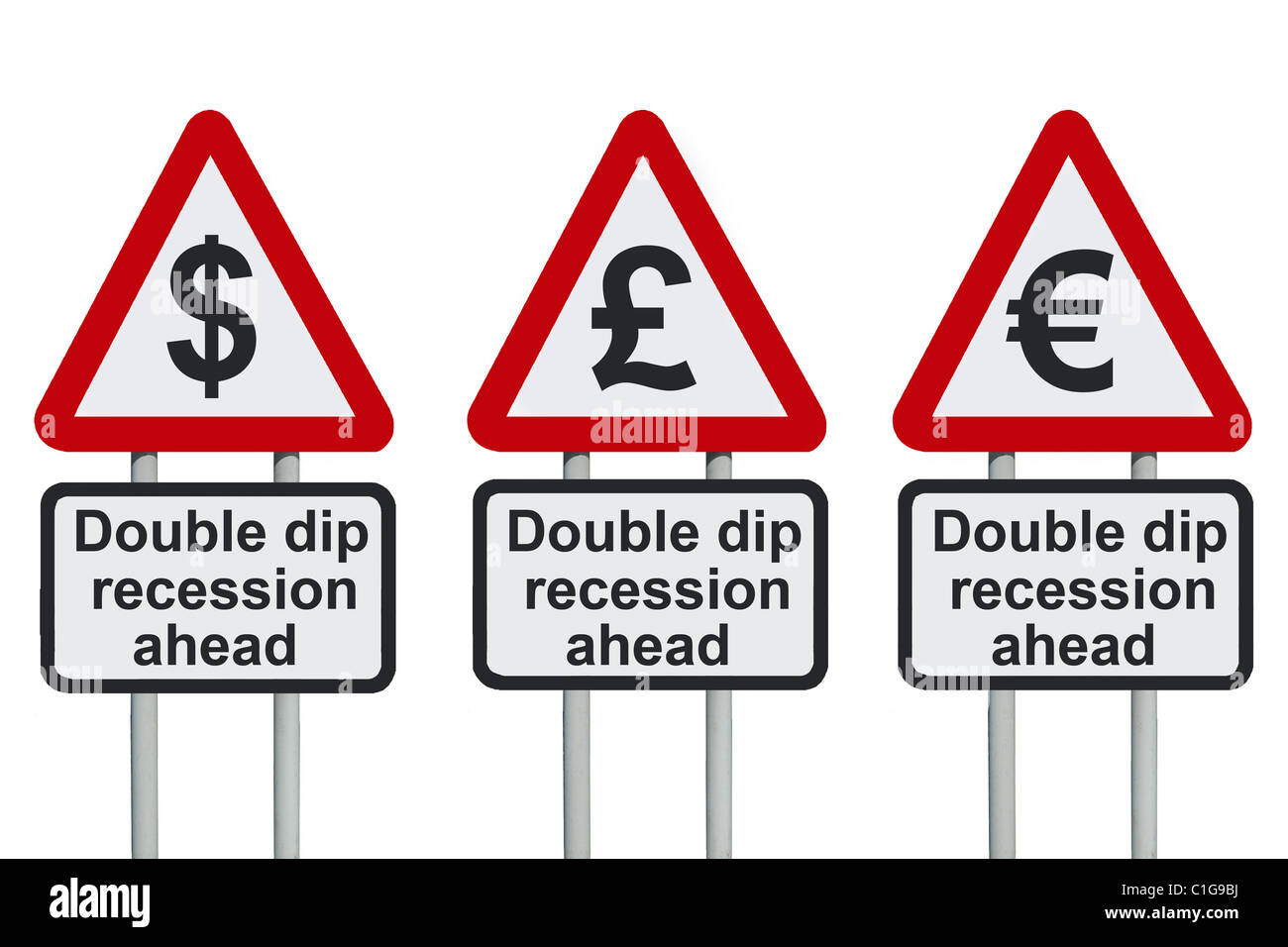 Double-Dip-Rezession vor Inflation Warnung Verkehrszeichen mit Dollar, Euro und Pfund Symbole Stockfoto