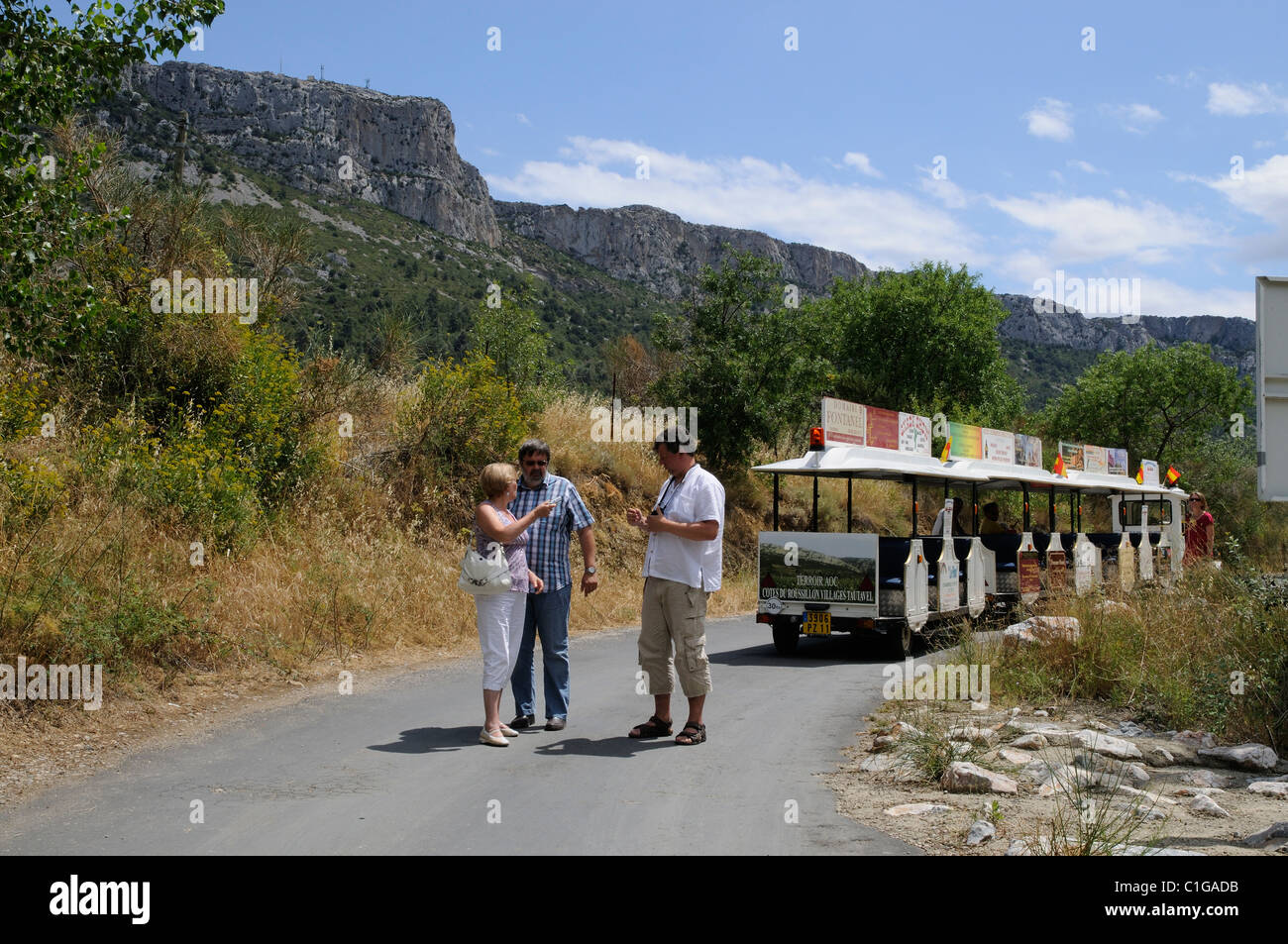 Touristische Strecke Zug bereisen den Wein erzeugenden Verdouble Tal bei Tautavel in der Region Roussillon Südfrankreich Stockfoto