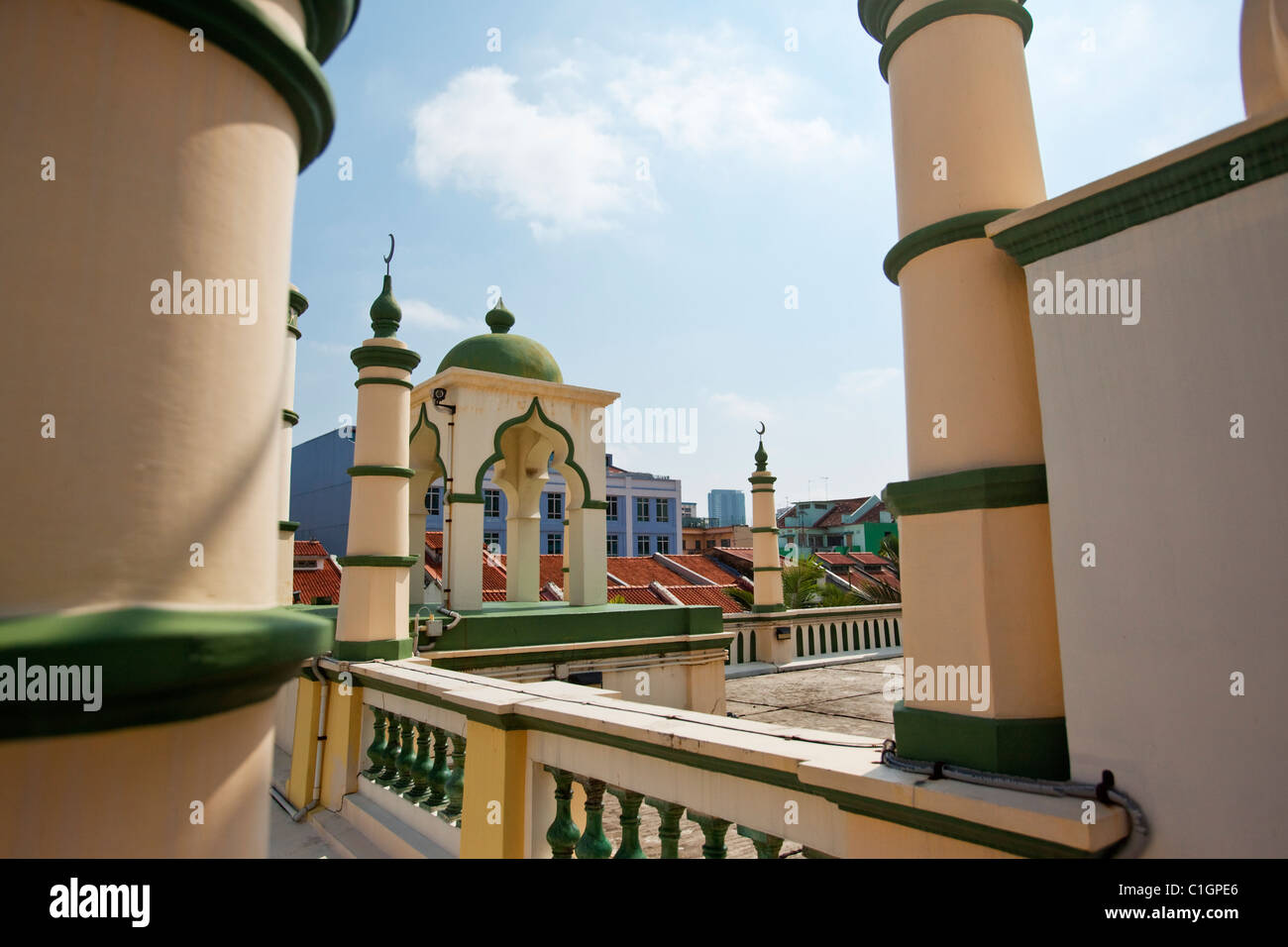 Islamische Architektur der Abdul Gaffoor Moschee.  Little India, Singapur Stockfoto
