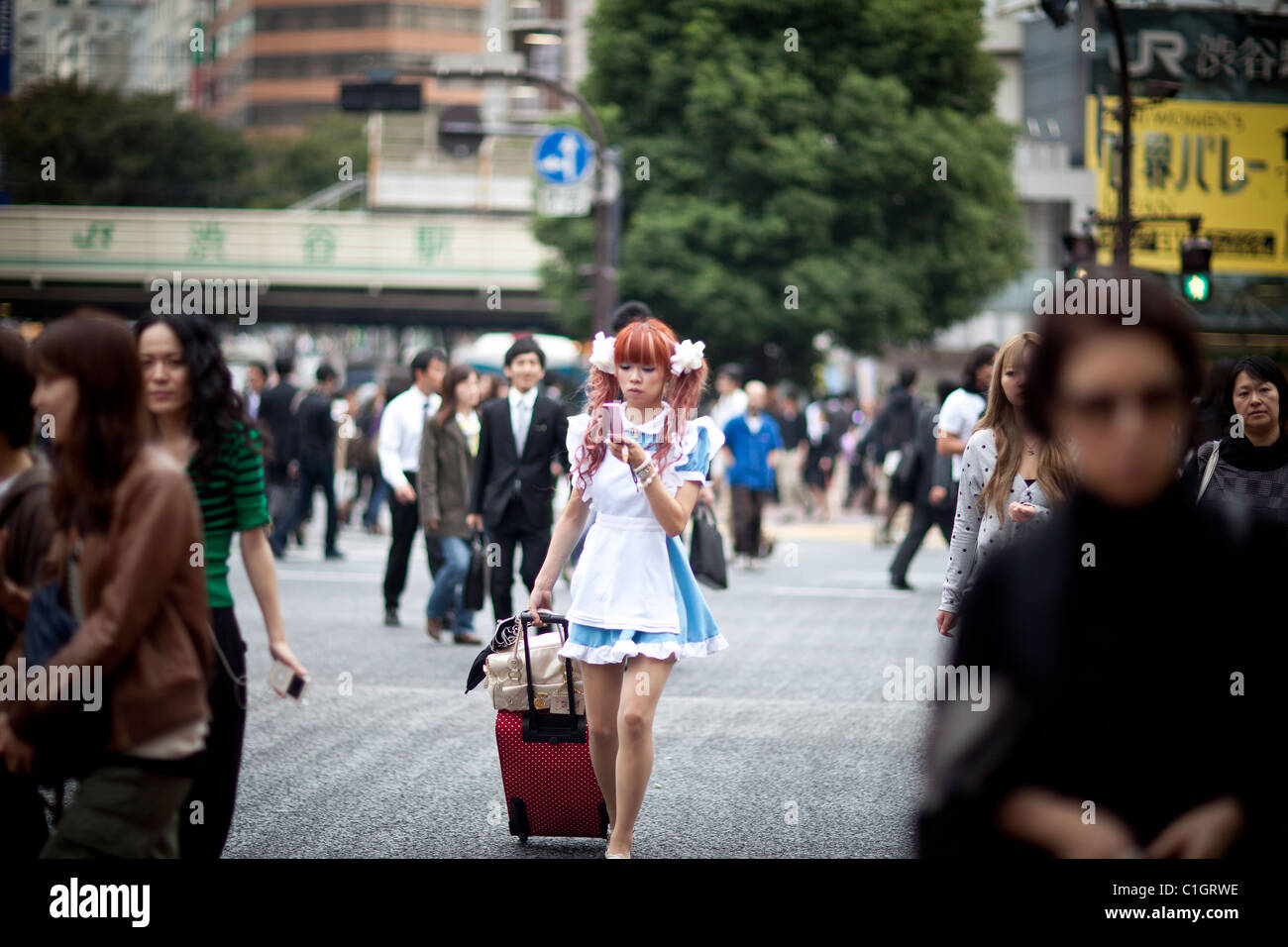 Fußgänger überqueren die verkehrsreichsten Kreuzungen in Shibuya, Tokyo, Japan. Stockfoto