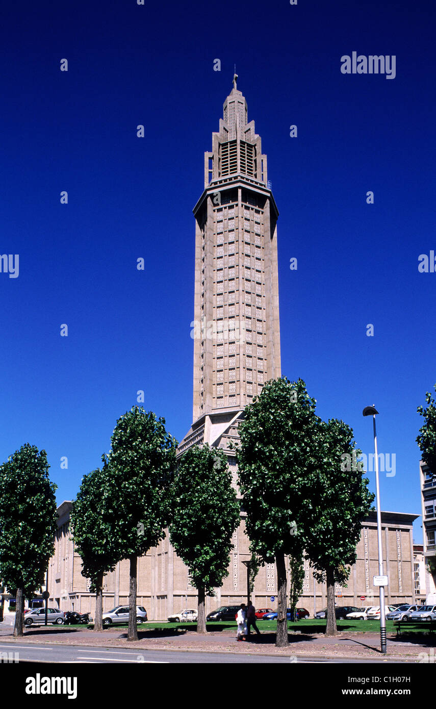 Frankreich, Seine Maritime, Le Havre, Licht-Turm der Kirche Saint-Joseph von Auguste Perret erbaut Stockfoto