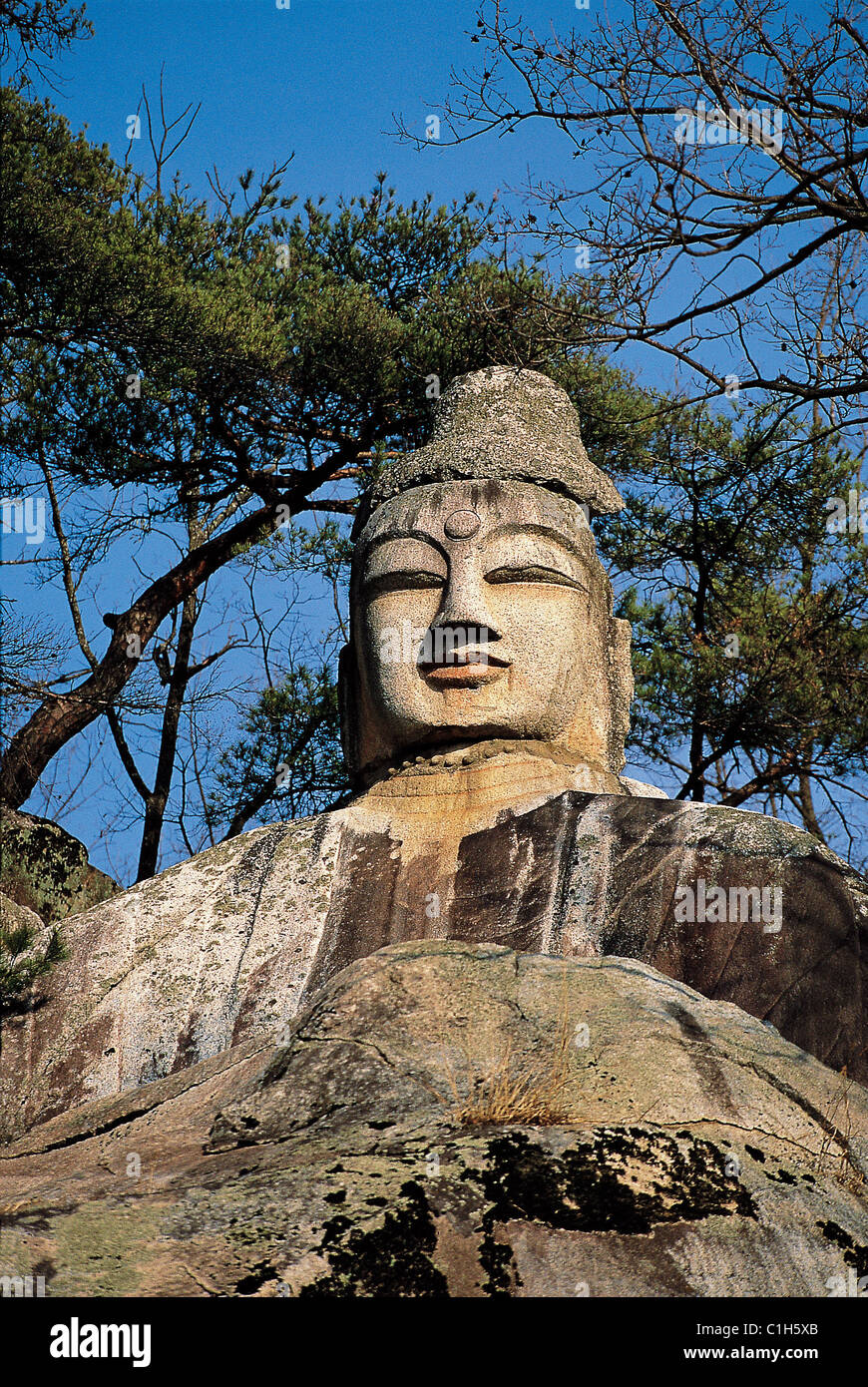 Südkorea, Ichon Dong, riesigen Kopf eines Buddha in den Felsen gehauen Stockfoto