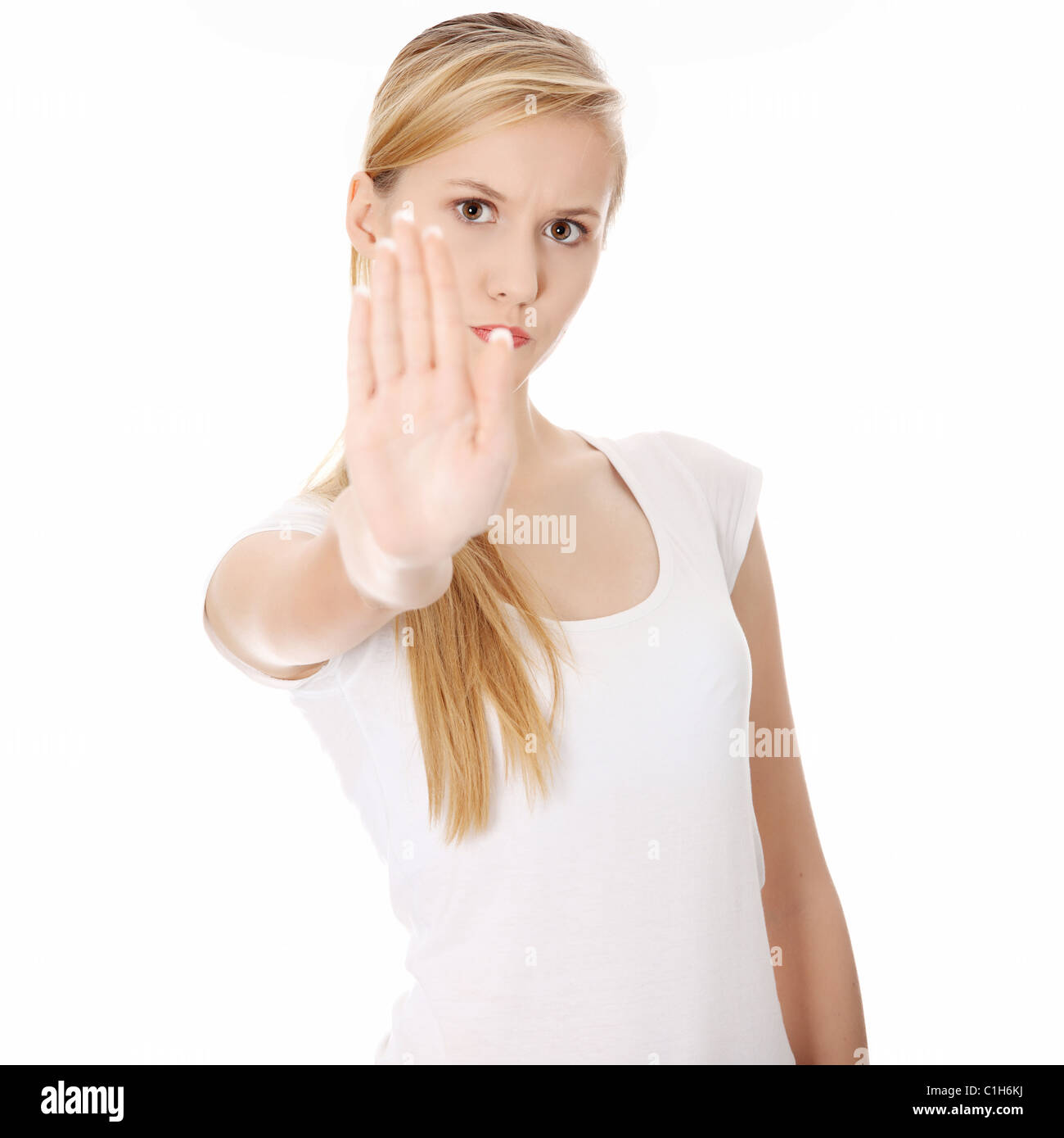 Festhalten, Geste zeigte an Hand der jungen Frau zu stoppen Stockfoto