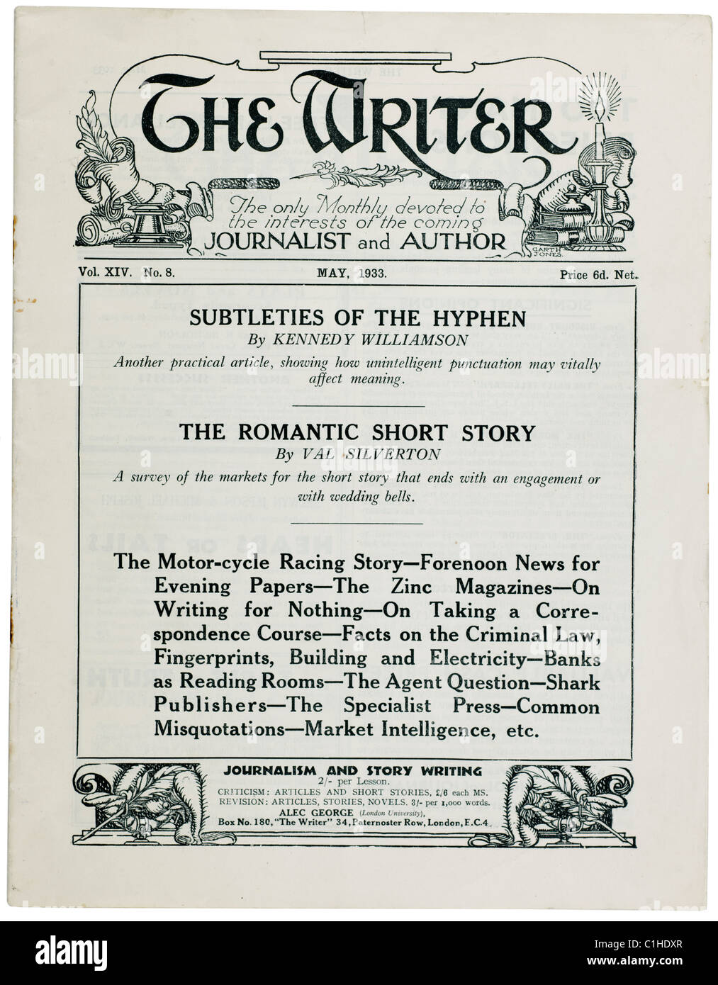 Alte Vintage widmete Zeitschrift The Writer die aufstrebende Journalistin und Autorin vom 18. Mai 1933. EDITORIAL NUR Stockfoto