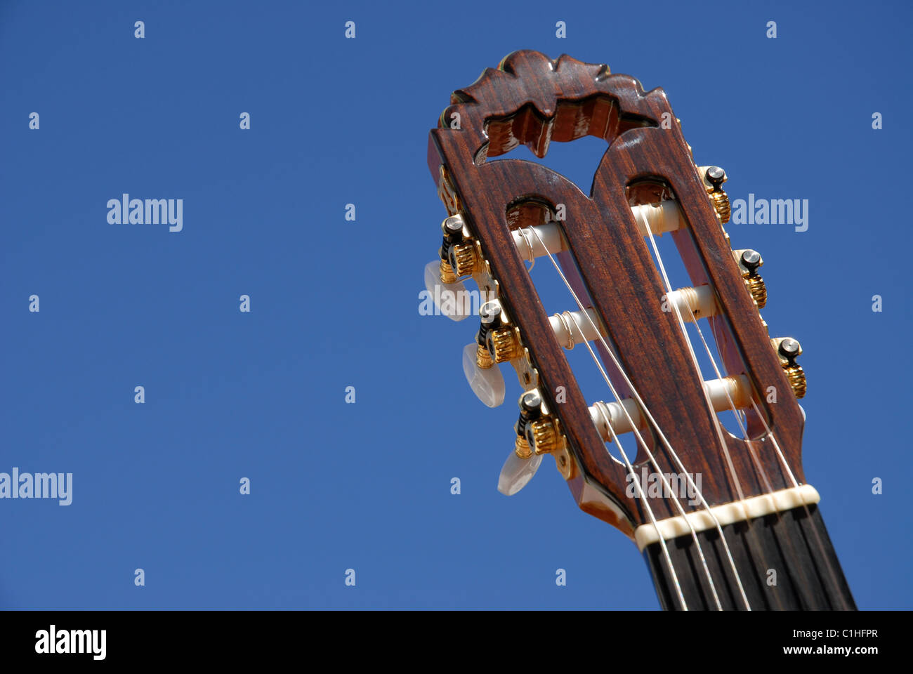 Francisco Bros., klassische Gitarre, Kopfplatte detail Stockfoto