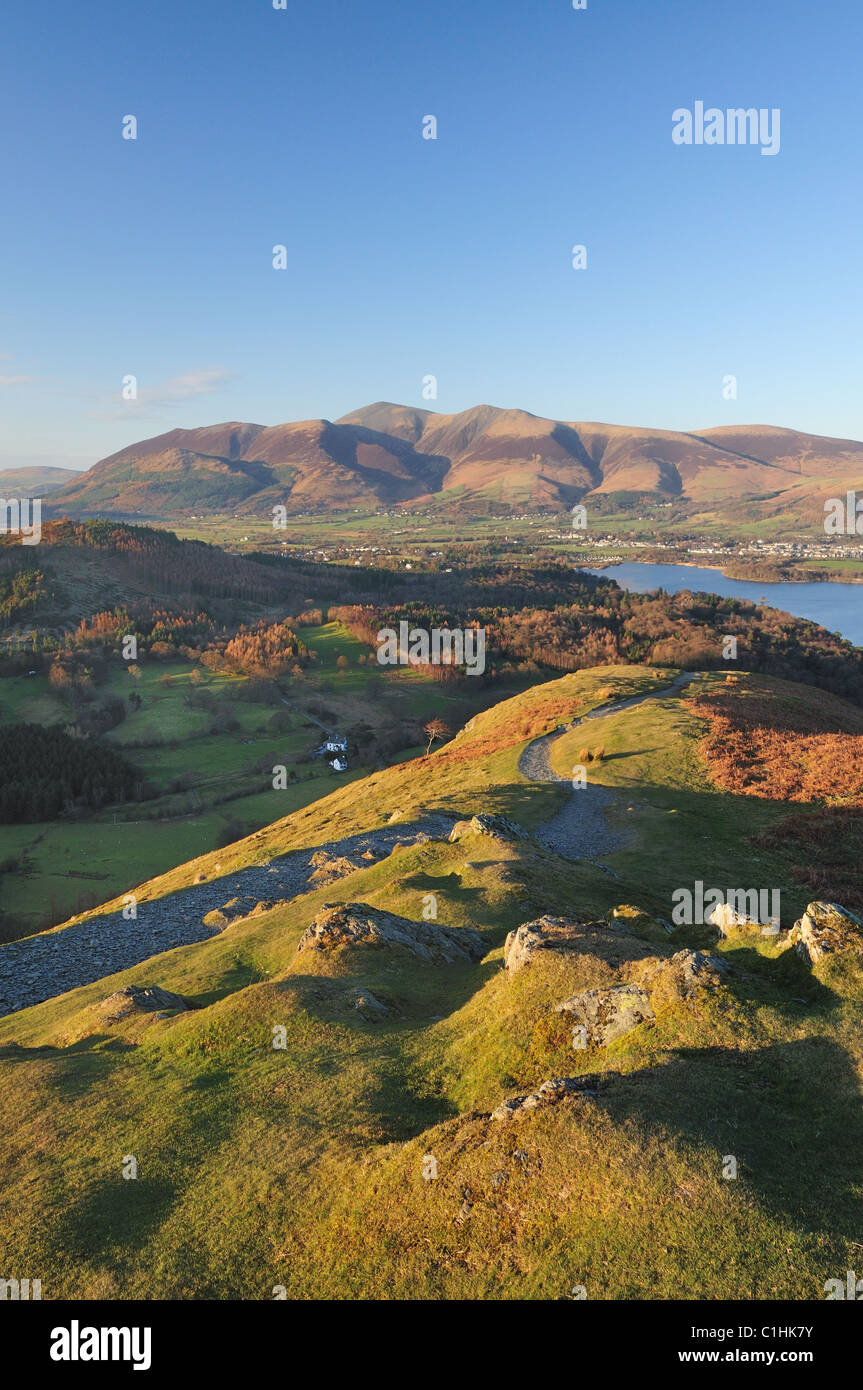 Am späten Abend Frühlingssonne am Skelgill Ufer on Katze Glocken, Blick in Richtung Skiddaw im englischen Lake District Stockfoto