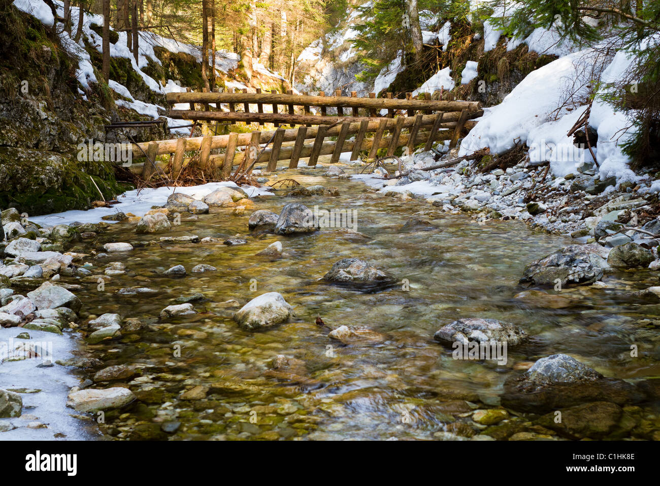 Winter-Szene des weißen Creek im Nationalpark Slowakisches Paradies, Slowakische Republik Stockfoto