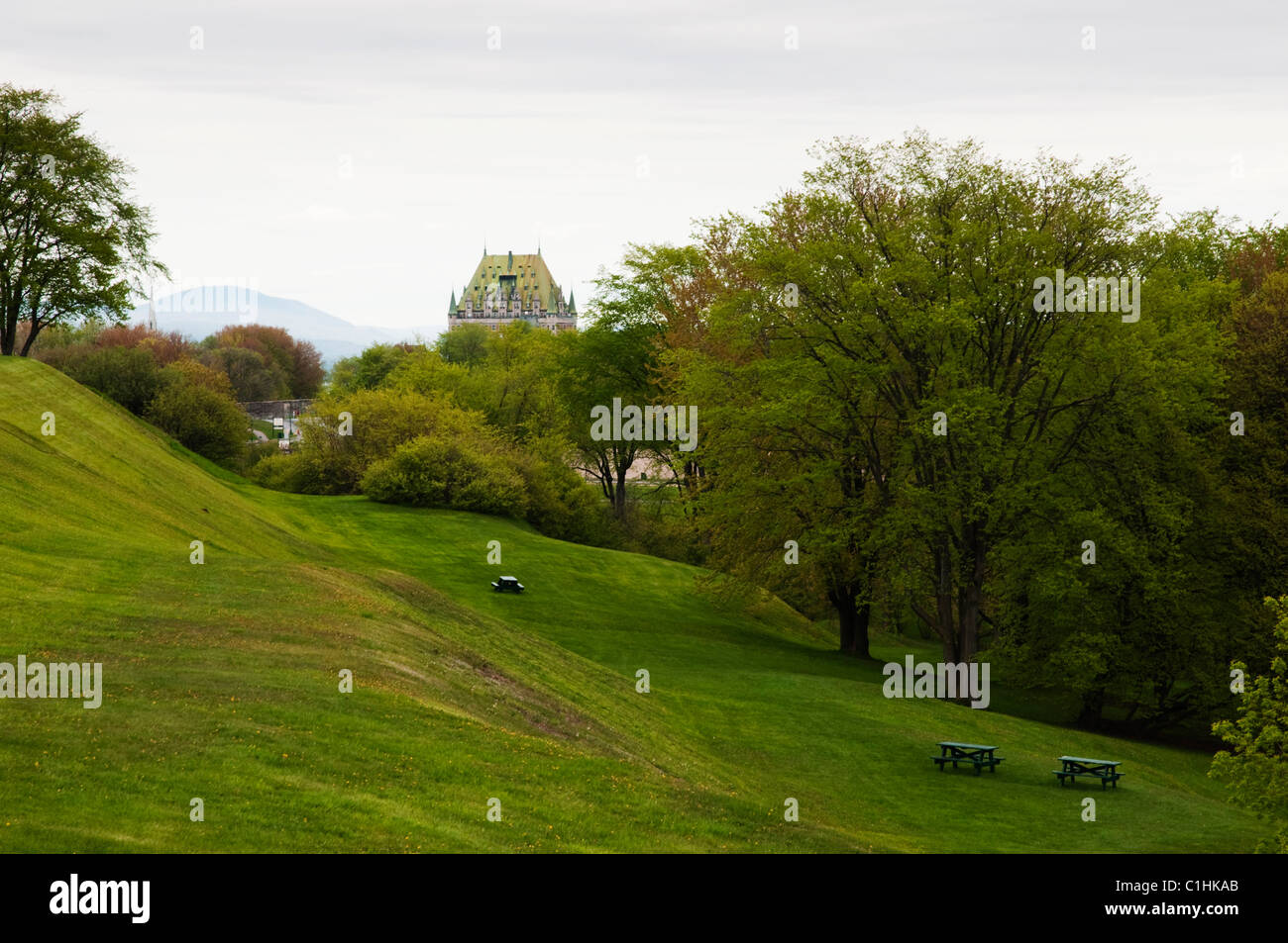 Der Abraham-Ebene mit dem Fairmont Chateau Frontenac im Hintergrund. Stockfoto