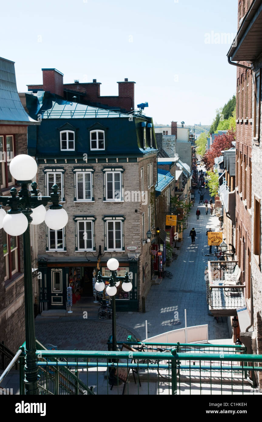 Rue Petit Champlain von der Spitze des "L'escalier Casse-Cou' in old Quebec City. Stockfoto