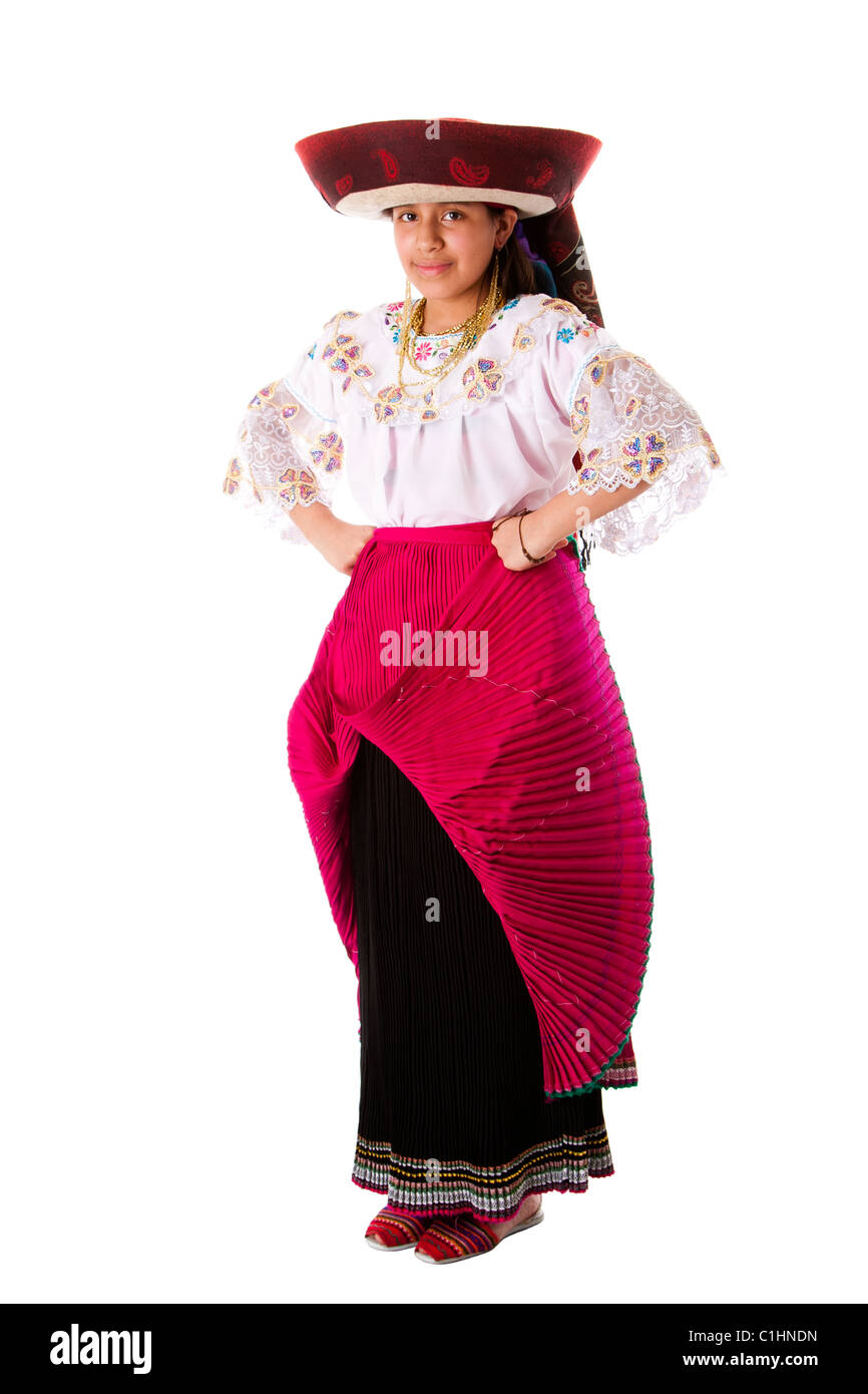 Schone Gluckliche Indische Madchen Aus Den Anden Ecuador Peru Oder Bolivien Mit Folklore Kleidung Und Hut Stehend Isoliert Stockfotografie Alamy