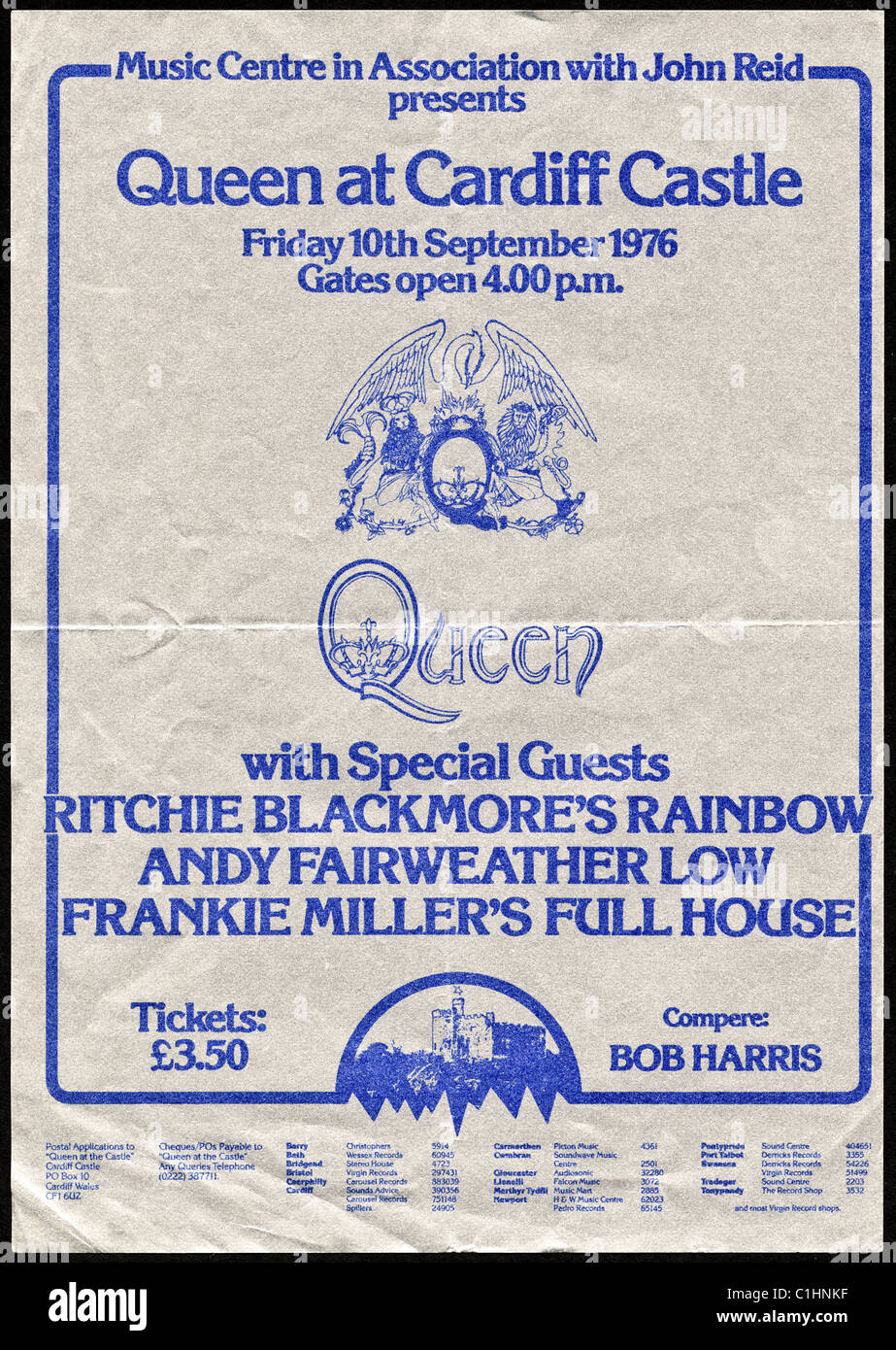 Original Merkblatt Flyer für Outdoor-Queen-Konzert in Cardiff Castle 10. September 1976 Stockfoto