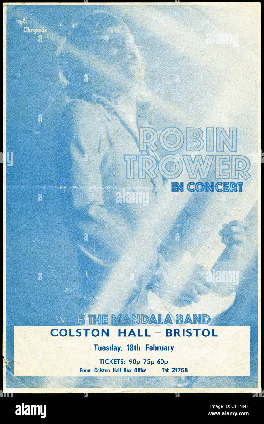 Original Merkblatt Flyer für Rock-Gitarrist Robin Trower Konzert Colston Hall-Bristol 18. Februar 1975 Stockfoto