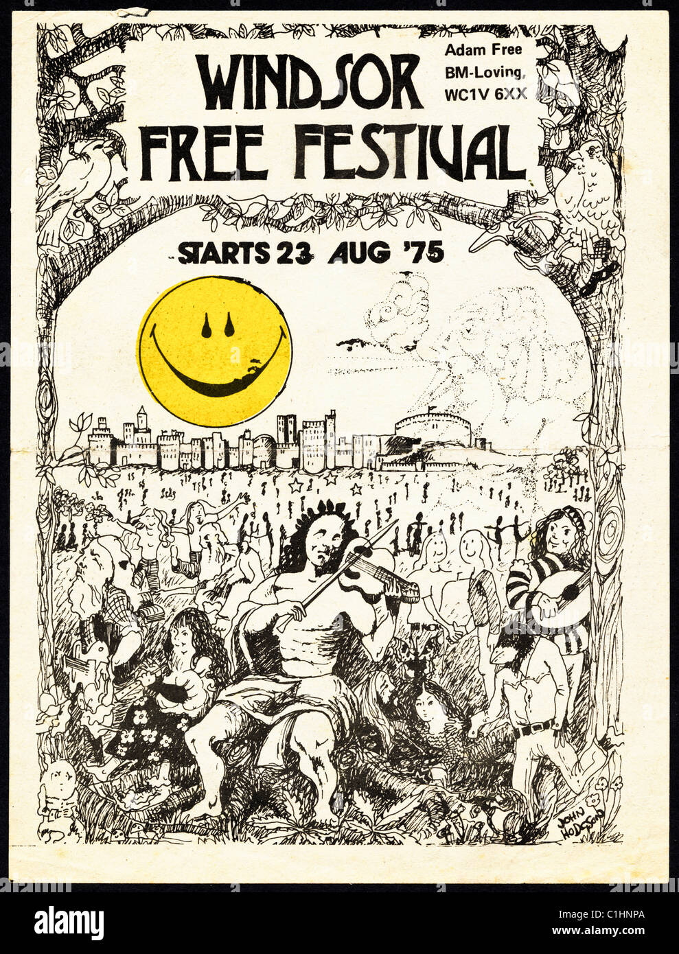 Vorderseite des ursprünglichen Merkblatt Flyer für Windsor Free Festival 23. August 1975-FESTIVAL, die niemals war Stockfoto