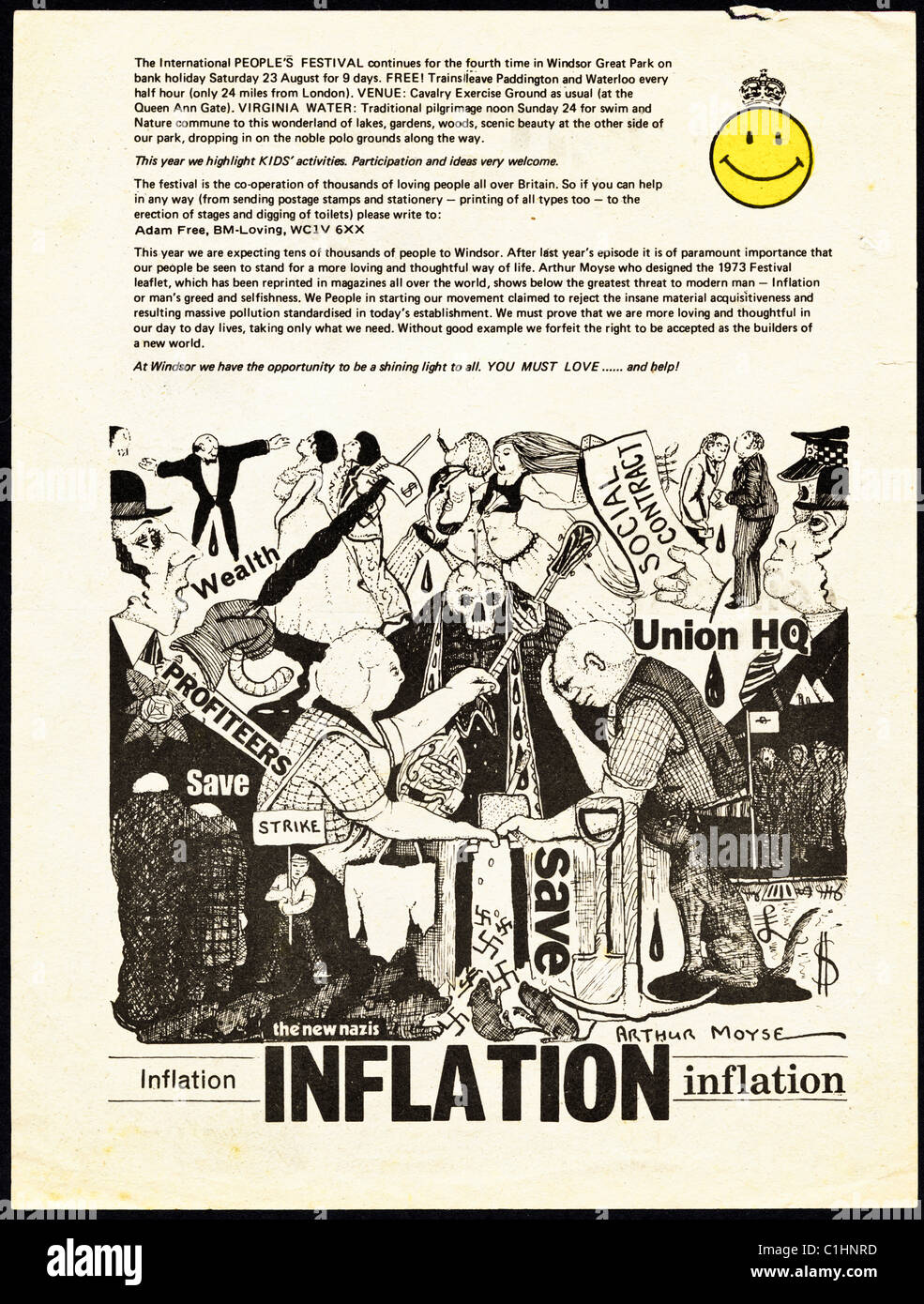 Rückseite des ursprünglichen Merkblatt Flyer für Windsor Free Festival 23. August 1975-FESTIVAL, die niemals war Stockfoto