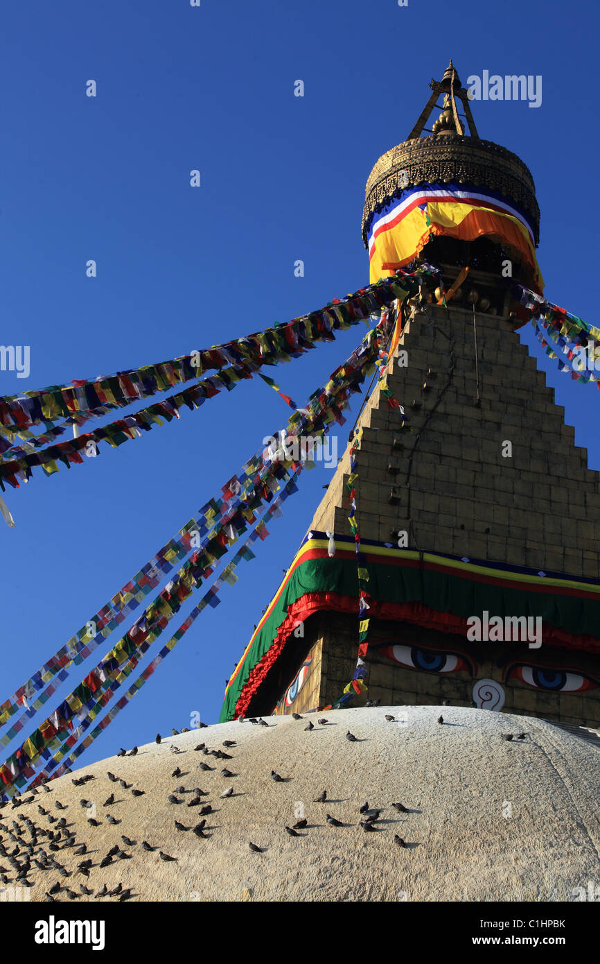 Stupa in Boddhanath Boddha Nepal Himalaya Gebetsfahnen Stockfoto