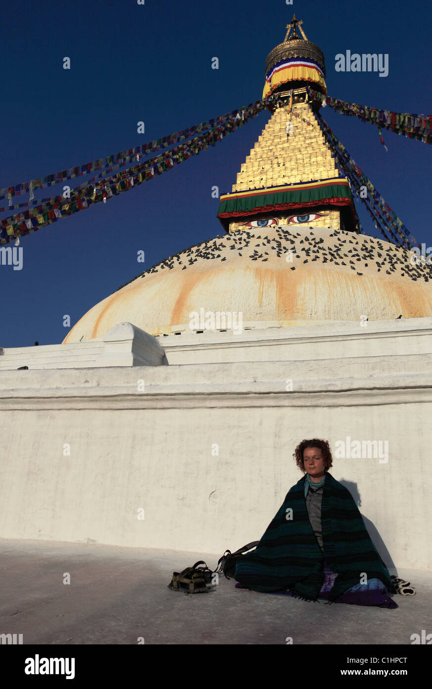 Stupa in Boddhanath Boddha Nepal Himalaya Gebetsfahnen Stockfoto
