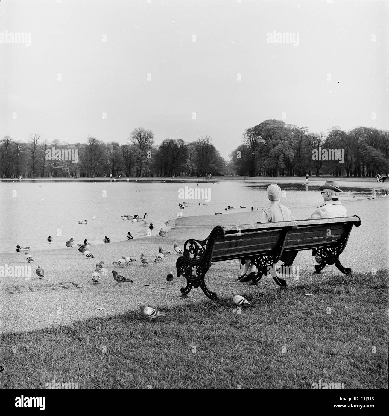 1950er Jahre, früh und ein älteres Ehepaar, das auf einer Bank