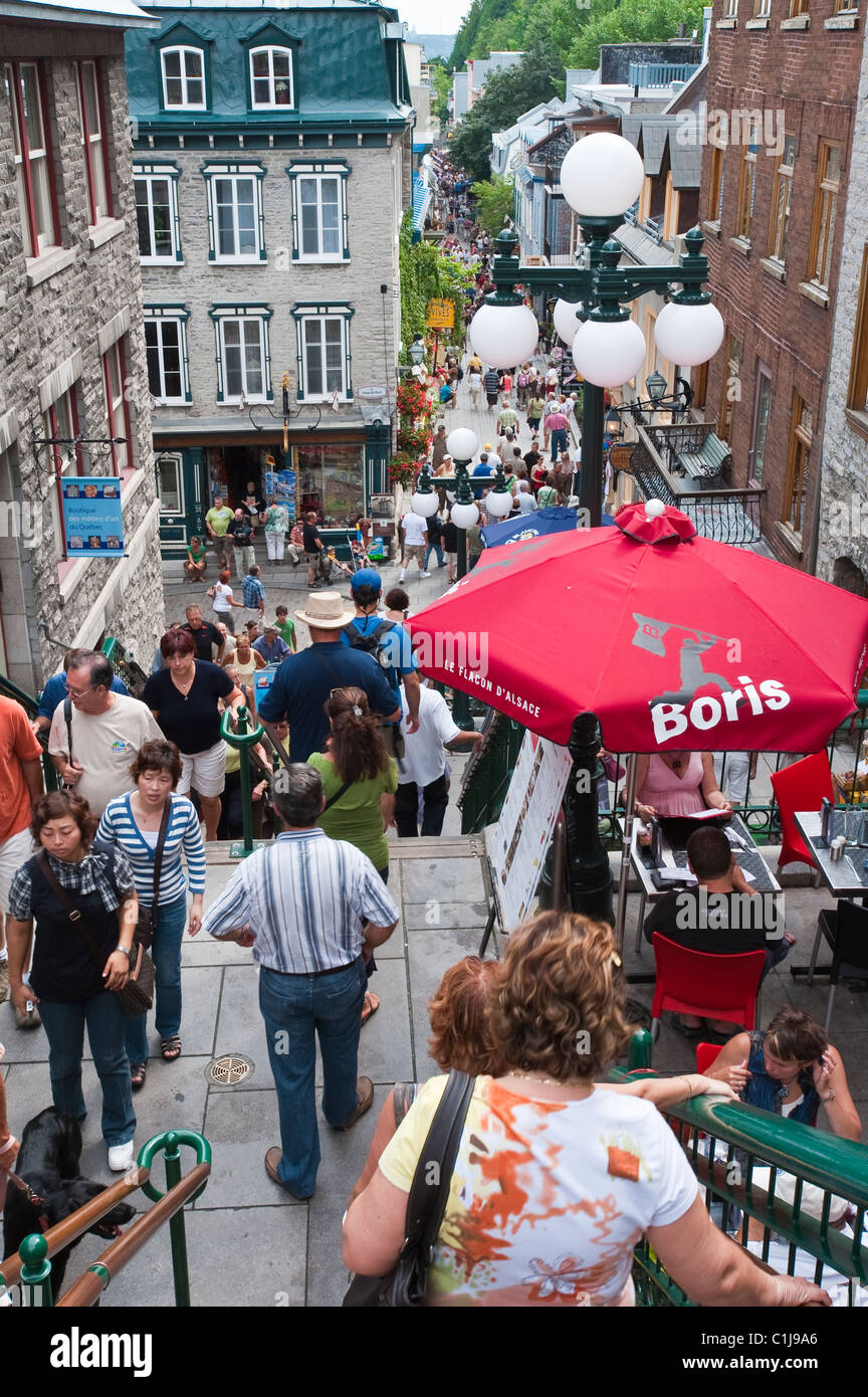 Quebec City, Quebec, Kanada. Rue du Petit Champlain (kleine Champlain-Straße), Altstadt. Stockfoto