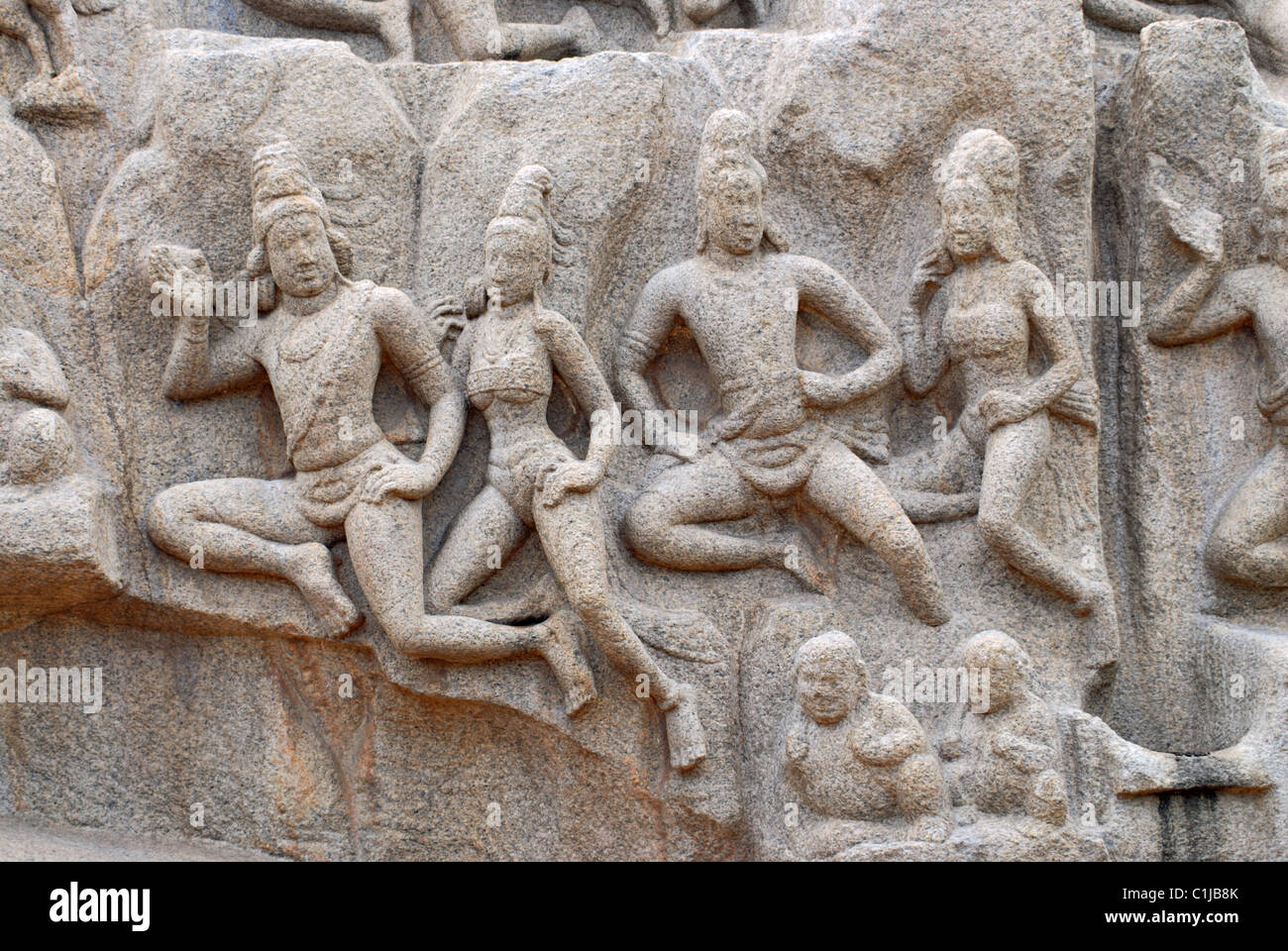 Details aus der Arjunas Buße Panel, Mamallapuram/Mahabalipuram, Tamil Nadu, Indien Circa 7. Jahrhundert CE. Stockfoto
