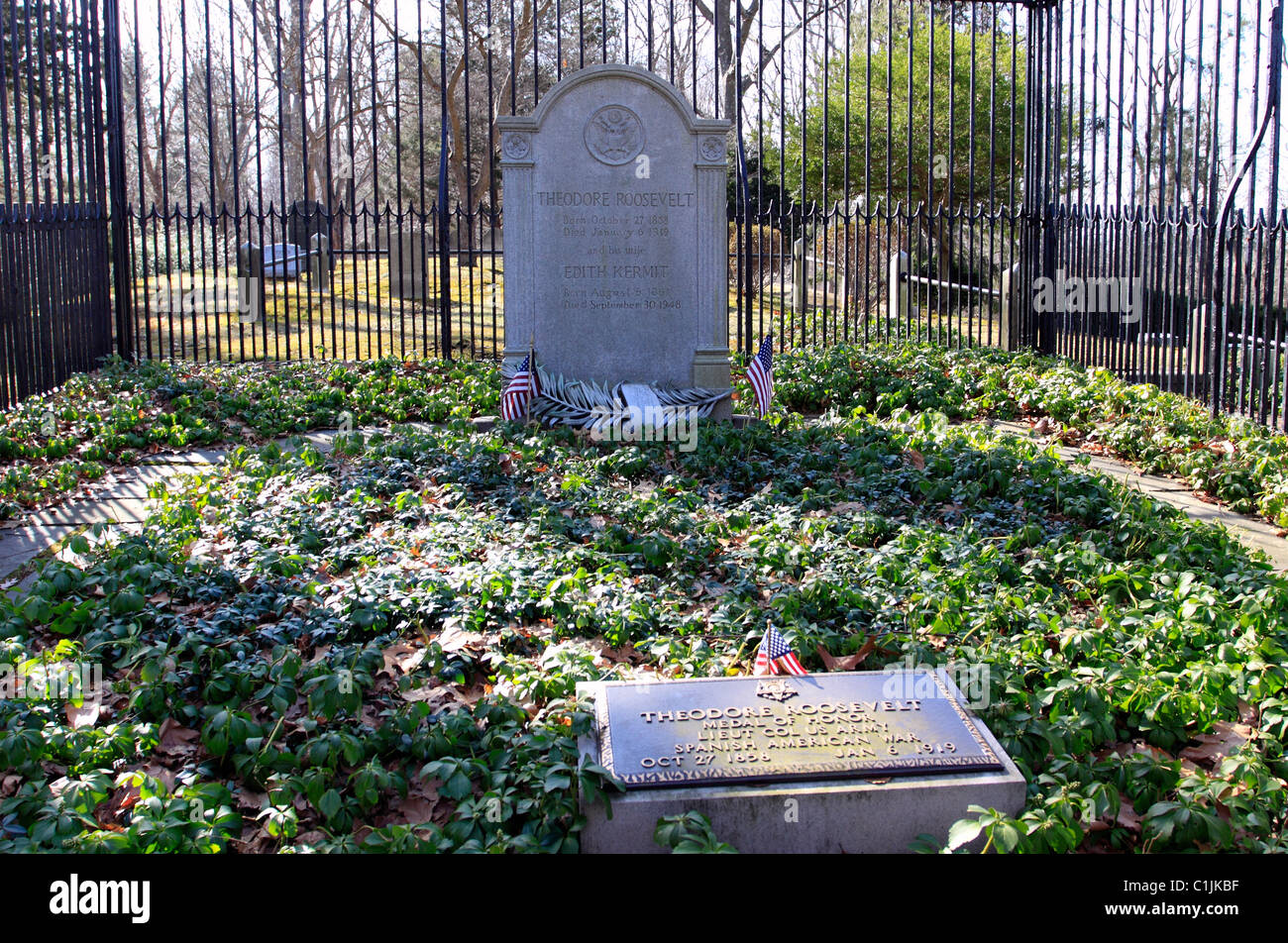 Grabstätte von Theodore Roosevelt, 26. Präsident der Vereinigten Staaten, Youngs Friedhof, Oyster Bay, Long Island, NY Stockfoto