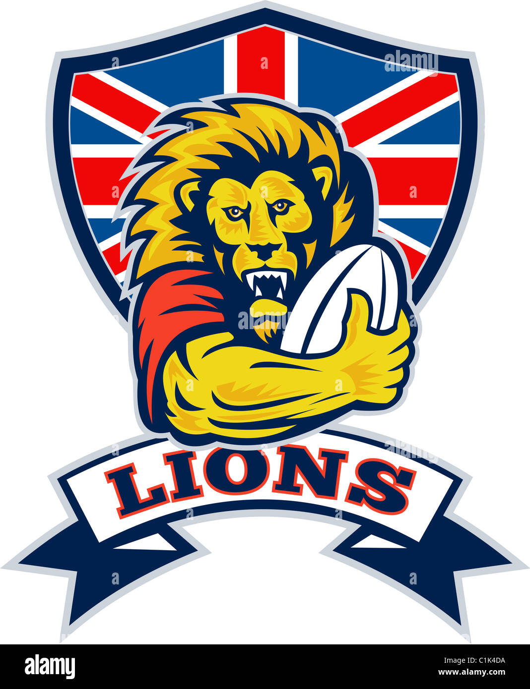Abbildung eines britischen Löwen spielen Rugby Ball mit Union Jack Schild isoliert auf weißem Hintergrund Stockfoto