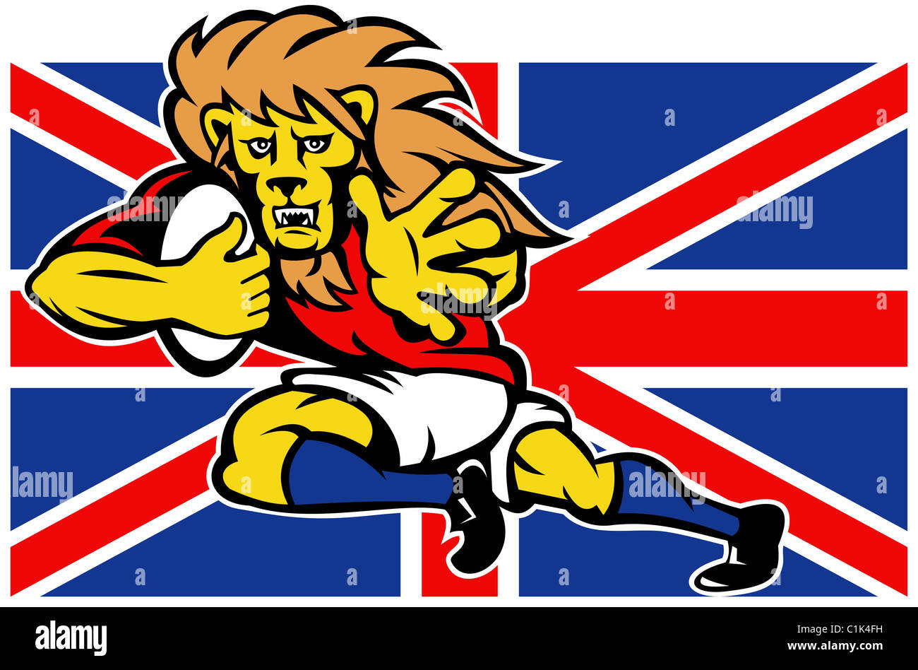 Abbildung eines Zeichentrickfilms Kugel British Lion Spielen Rugby mit Abwehr mit Union Jack-Flagge isoliert Stockfoto