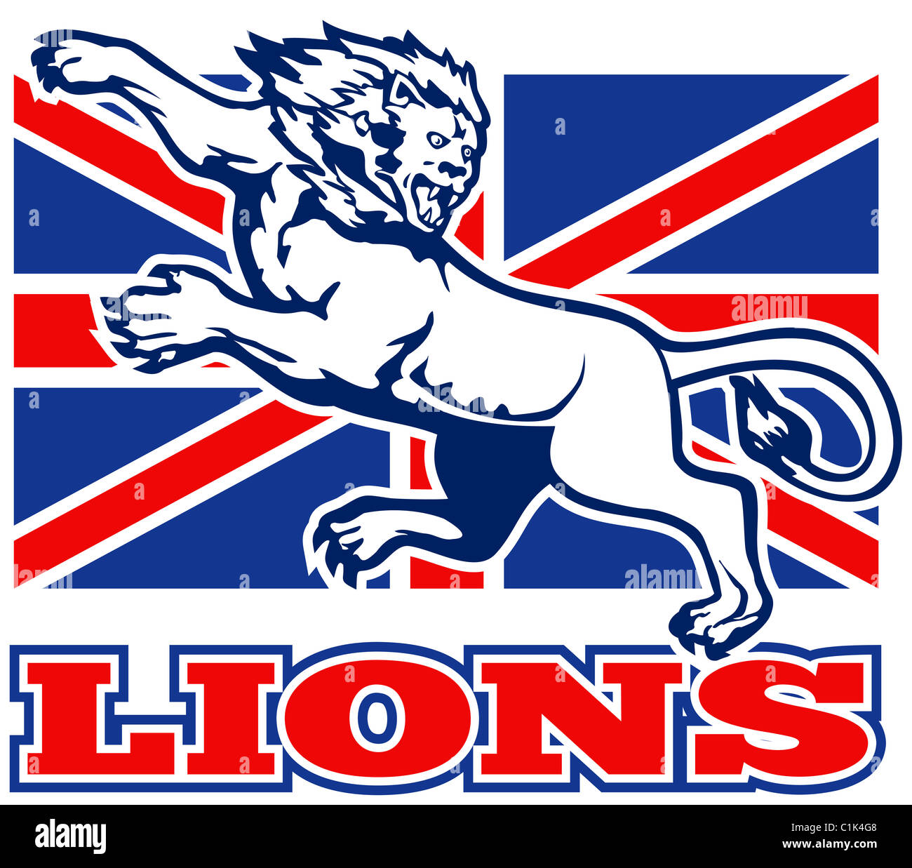Abbildung eines Löwen anzugreifen mit British Großbritannien Union Jack Flagge im Hintergrund Stockfoto