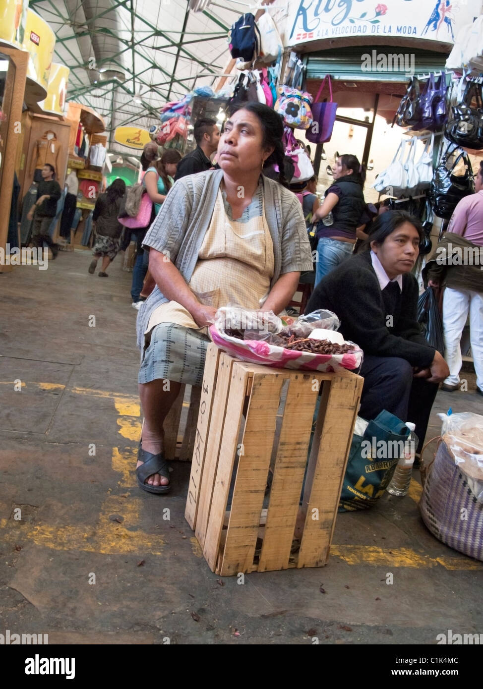 mittleren Alters mexikanischen Zapoteken Indianerin Anbieter verkaufen gebratene Heuschrecken am Eingang zum Markt Benito Juarez Mexiko Oaxaca Stockfoto