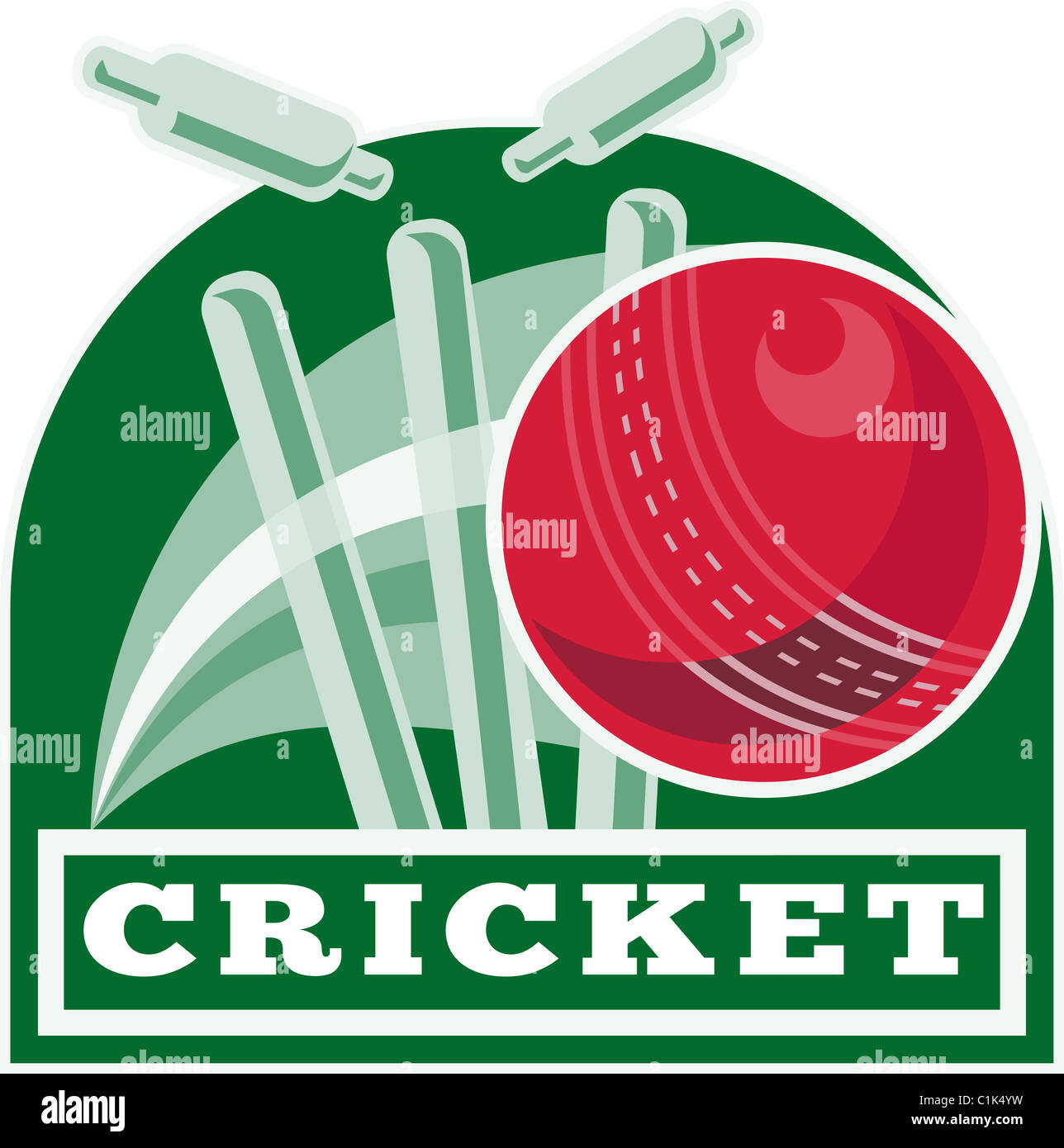 Beispiel für ein Cricketball trifft bowling über Wicket mit Worten "Cricket" Stockfoto