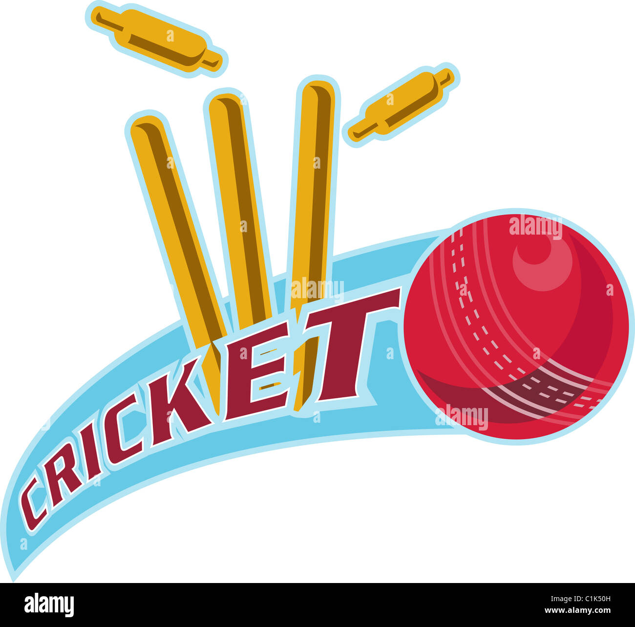 Beispiel für ein Cricketball trifft bowling über Wicket mit Worten "Cricket" Stockfoto