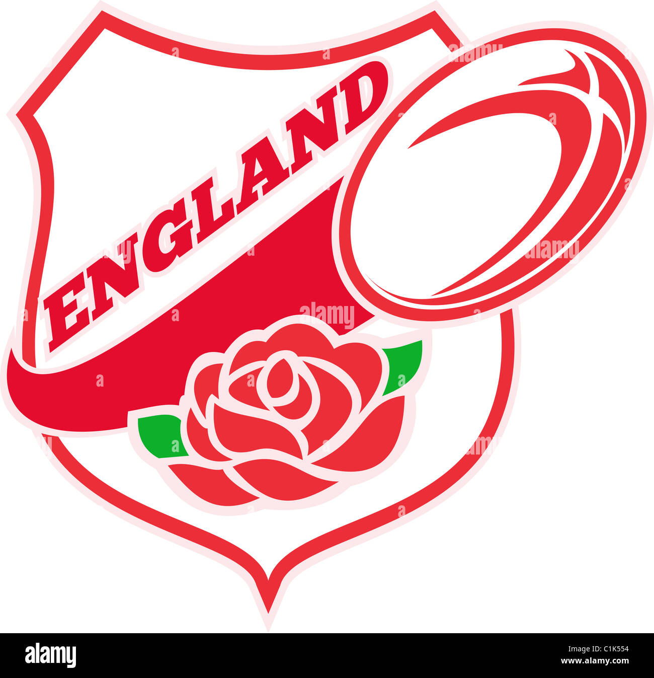 Abbildung einer roten englischen Rose in Schild mit Rugby-Ball fliegen aus und Worte "England" Stockfoto