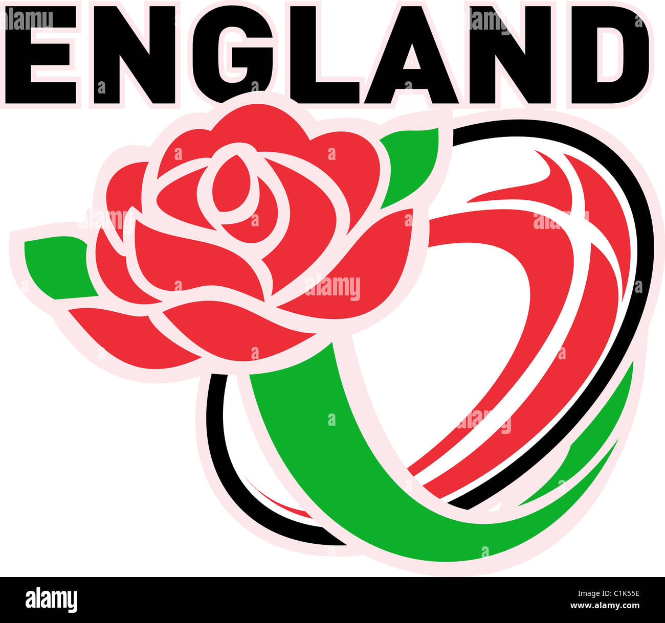 Abbildung von einem roten englischen rose mit Rugby-Ball fliegen aus und Worte "England" Stockfoto