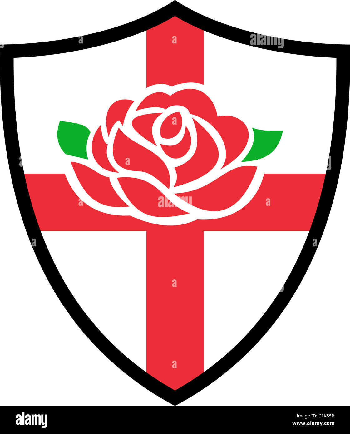 Abbildung von einem roten englischen rose mit Flagge von England innen Schild Stockfoto
