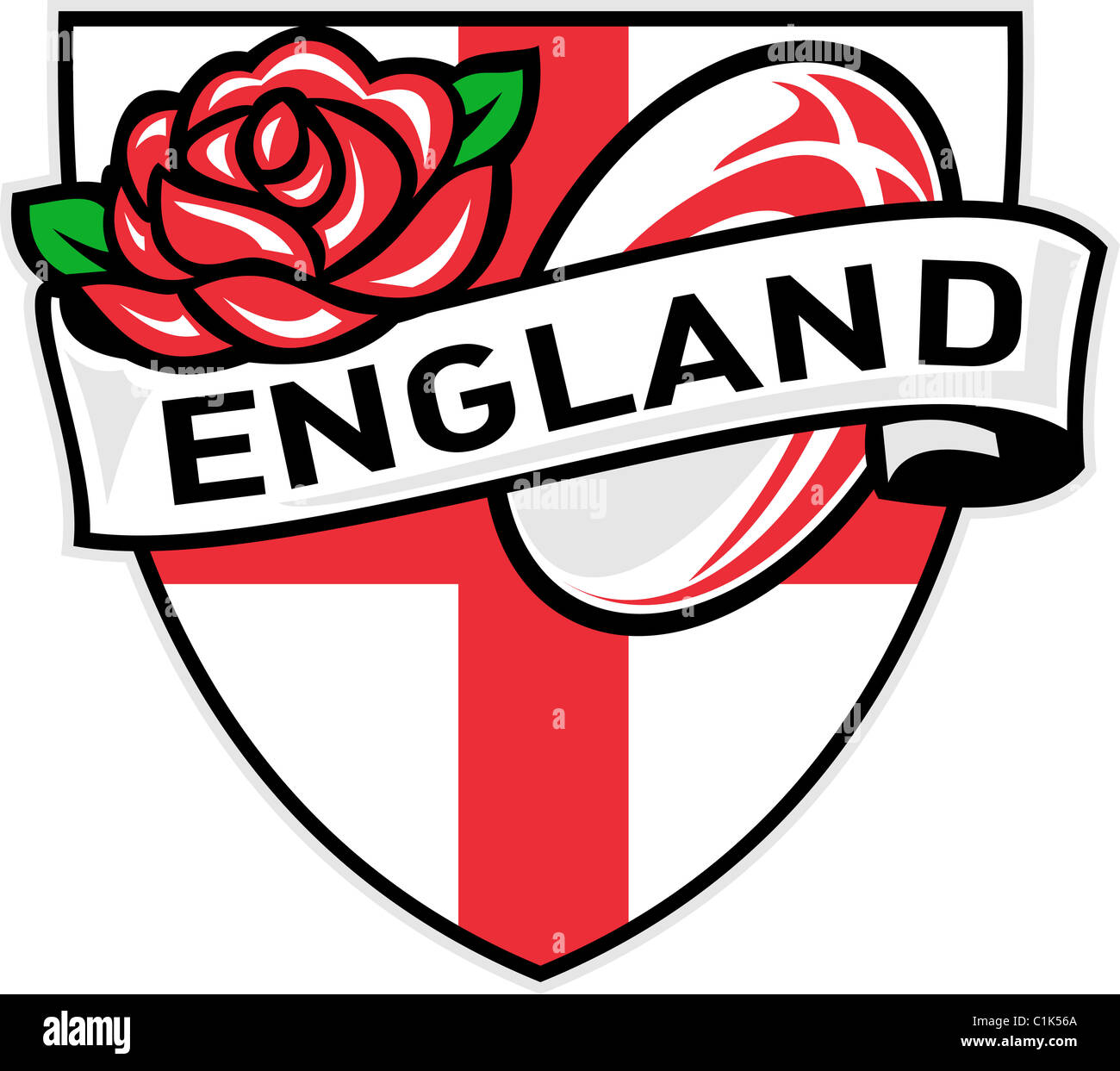 Abbildung einer roten englischen Rose innen Flagge Schild mit Rugby-Ball fliegen aus und Worte "England" Stockfoto