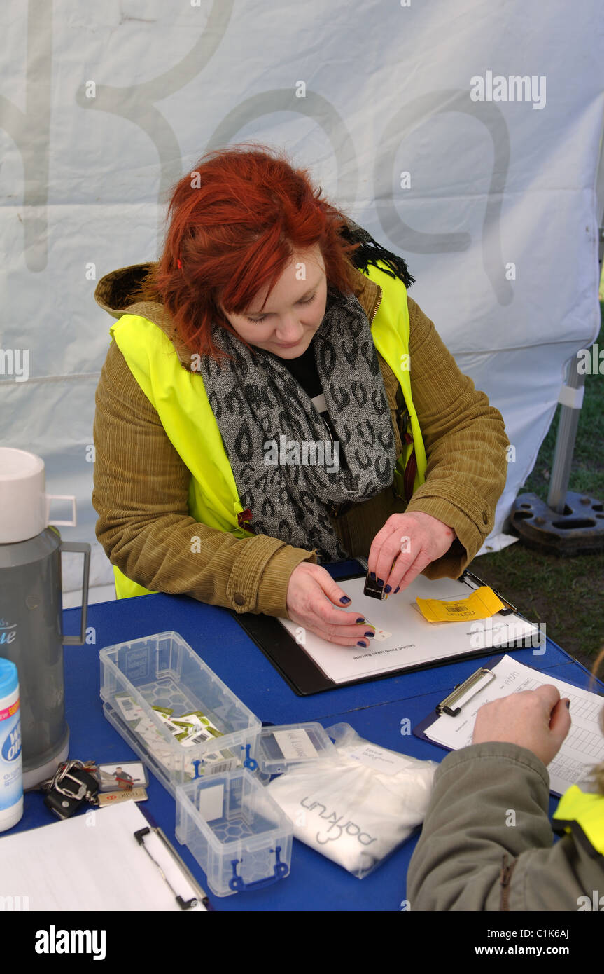 Volunteer bei Brueton Parkrun Scannen von Barcodes, Solihull, Großbritannien Stockfoto