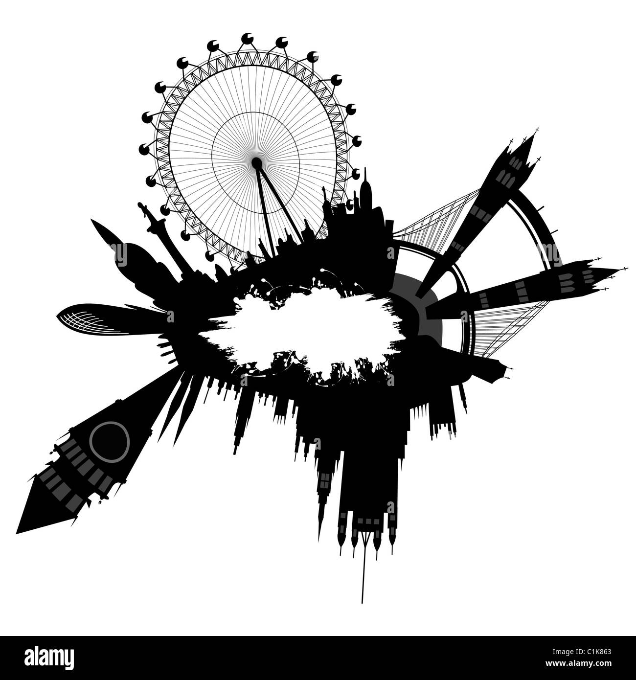 London Skyline - Big Ben, London Eye, Tower Bridge, Westminster - im Grunge-Stil - Platz für text Stockfoto