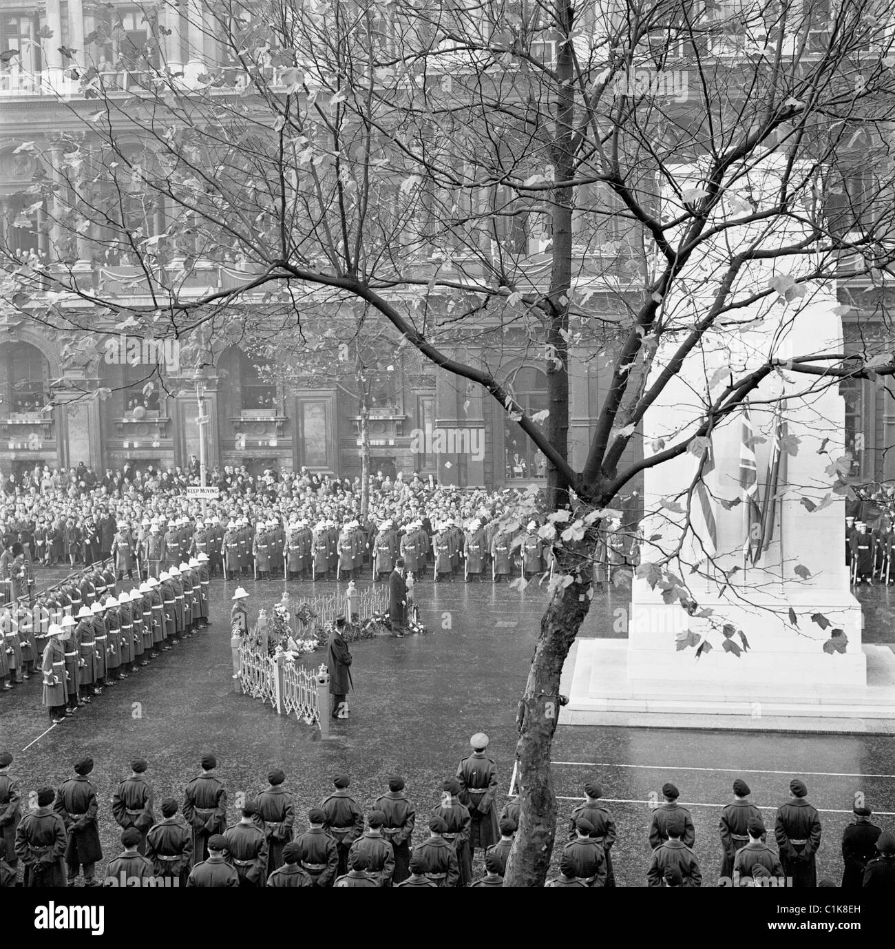 London, 1950er Jahre. Große Menschenmengen sehen die Armistice Day Parade am Cenotaph in Whitehall am 11. November. Stockfoto