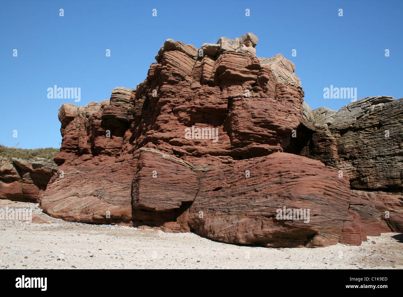 Buntsandstein-Sandstein auf Hilbre Insel, Wirral, Merseyside, England Stockfoto