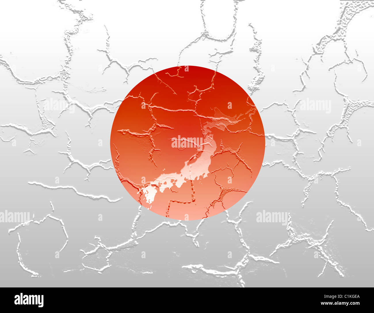 Computergenerierte gebrochenen Japan Flagge mit Japan Karte Umriss um Erdbeben-Effekt zu symbolisieren Stockfoto