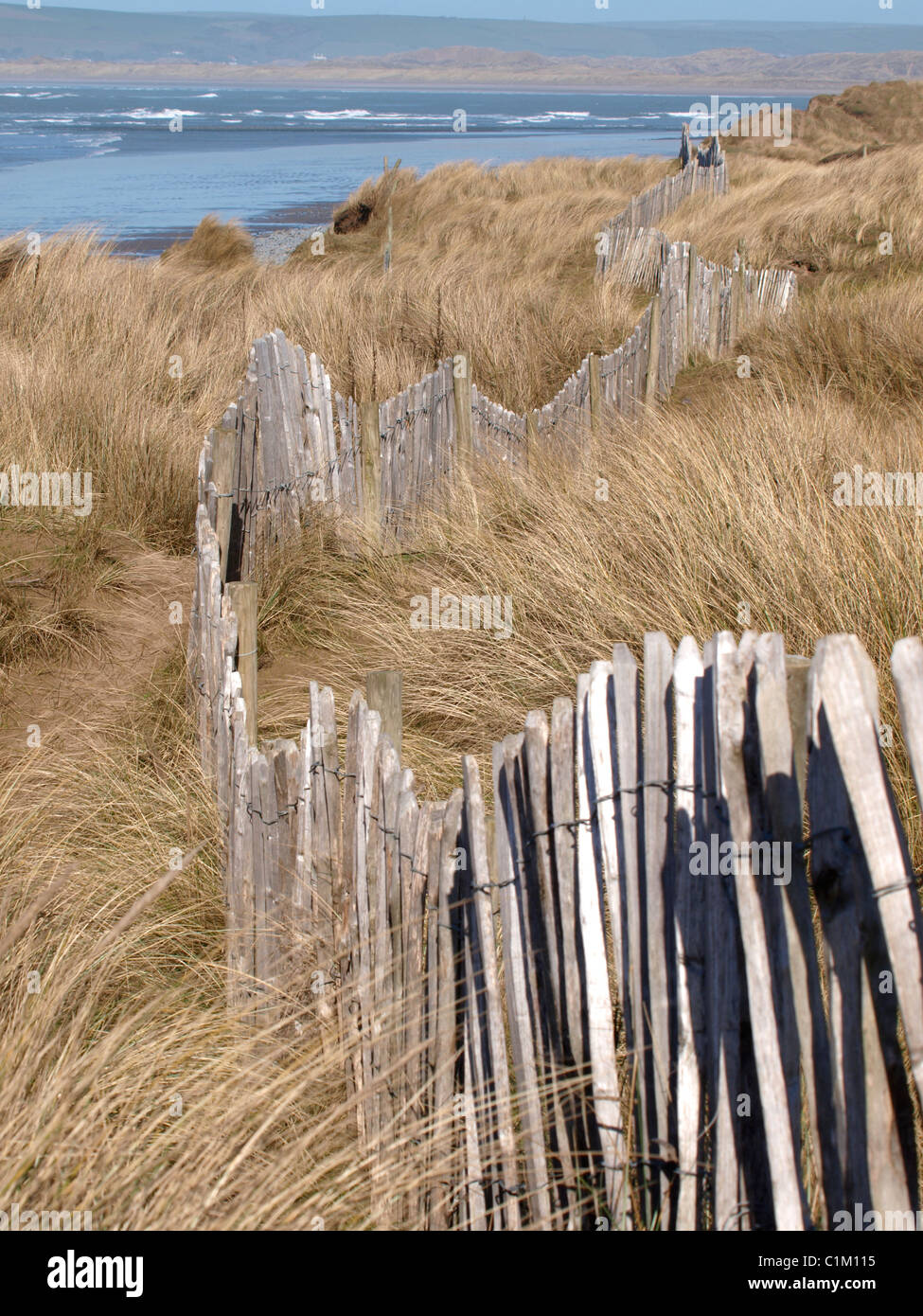 Zaun durch die Sanddünen, Northam Burrows, Westward Ho!, Devon, UK Stockfoto