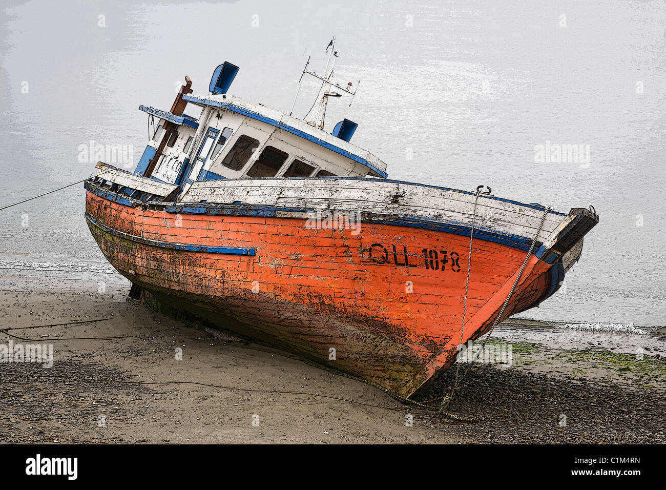 Chiloe Insel, Posterized Bild eines Strände Fischerboot, Chile Stockfoto