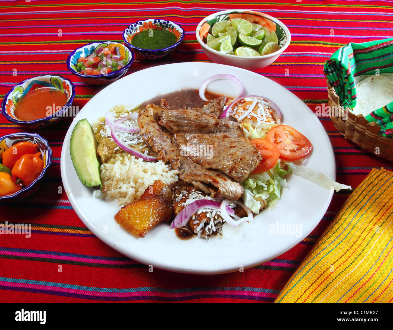 Gegrilltes Rinderfilet sortierte mexikanisches Gericht-Chili-Sauce und tortillas Stockfoto