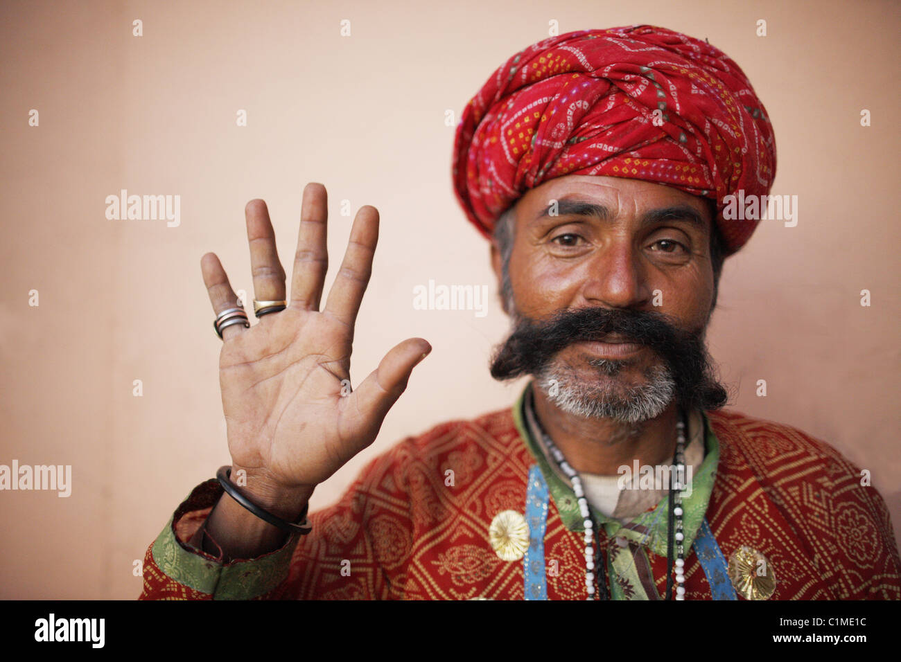 IND, Indien, 20110310, Porträt von einem indischen Mann mit einem grauen Bart, einen roten Turban mit Tracht Stockfoto